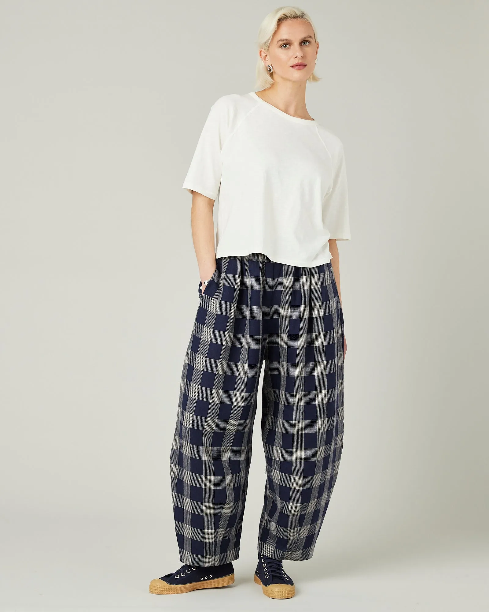 Daisy Navy Plaid Linen Trousers sold by Beyond Nine