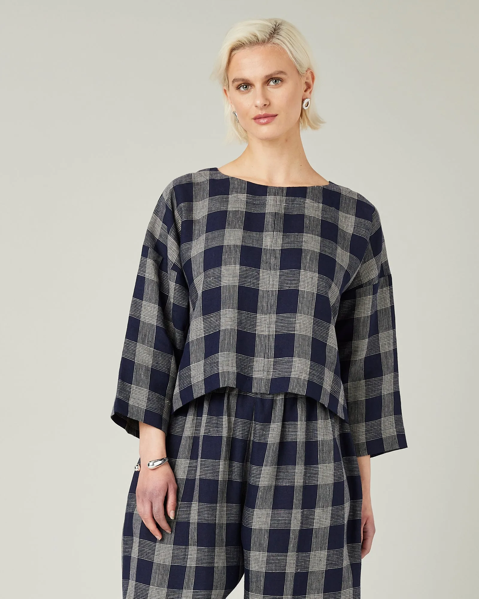 Lily Navy Plaid Linen Top sold by Beyond Nine