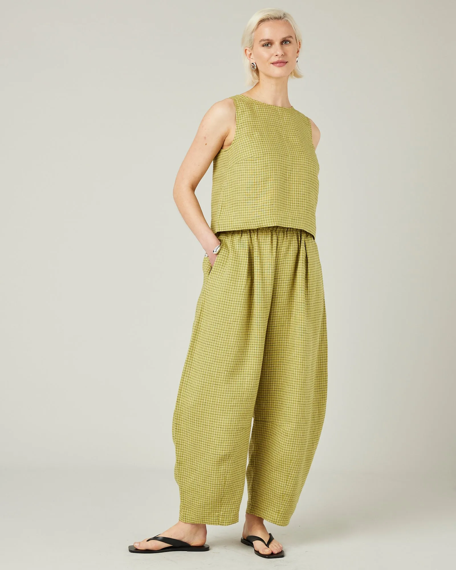 Daisy Green Mini Grid Linen Trousers sold by Beyond Nine