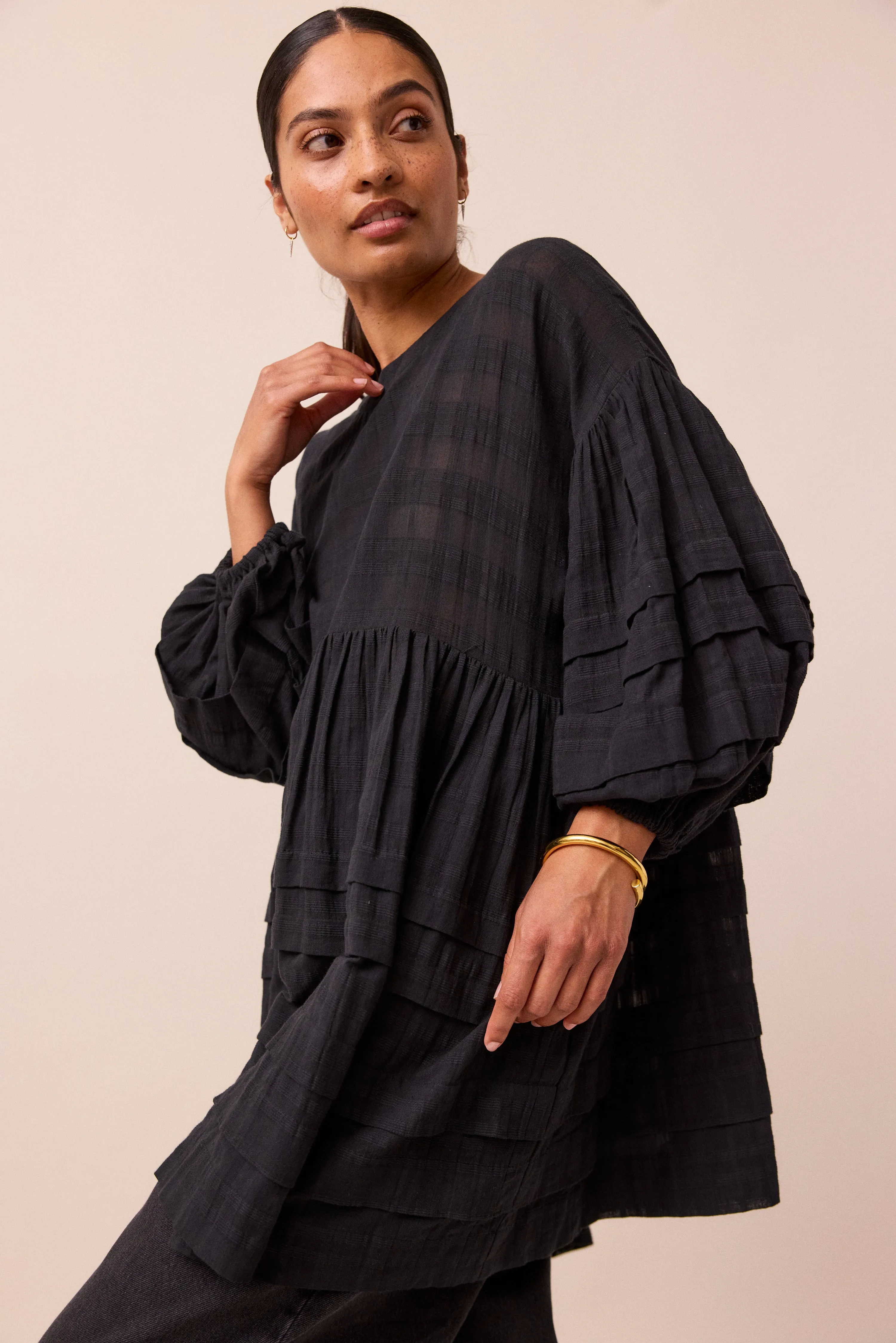 Nina Black Cotton Gauze Smock Dress sold by Beyond Nine
