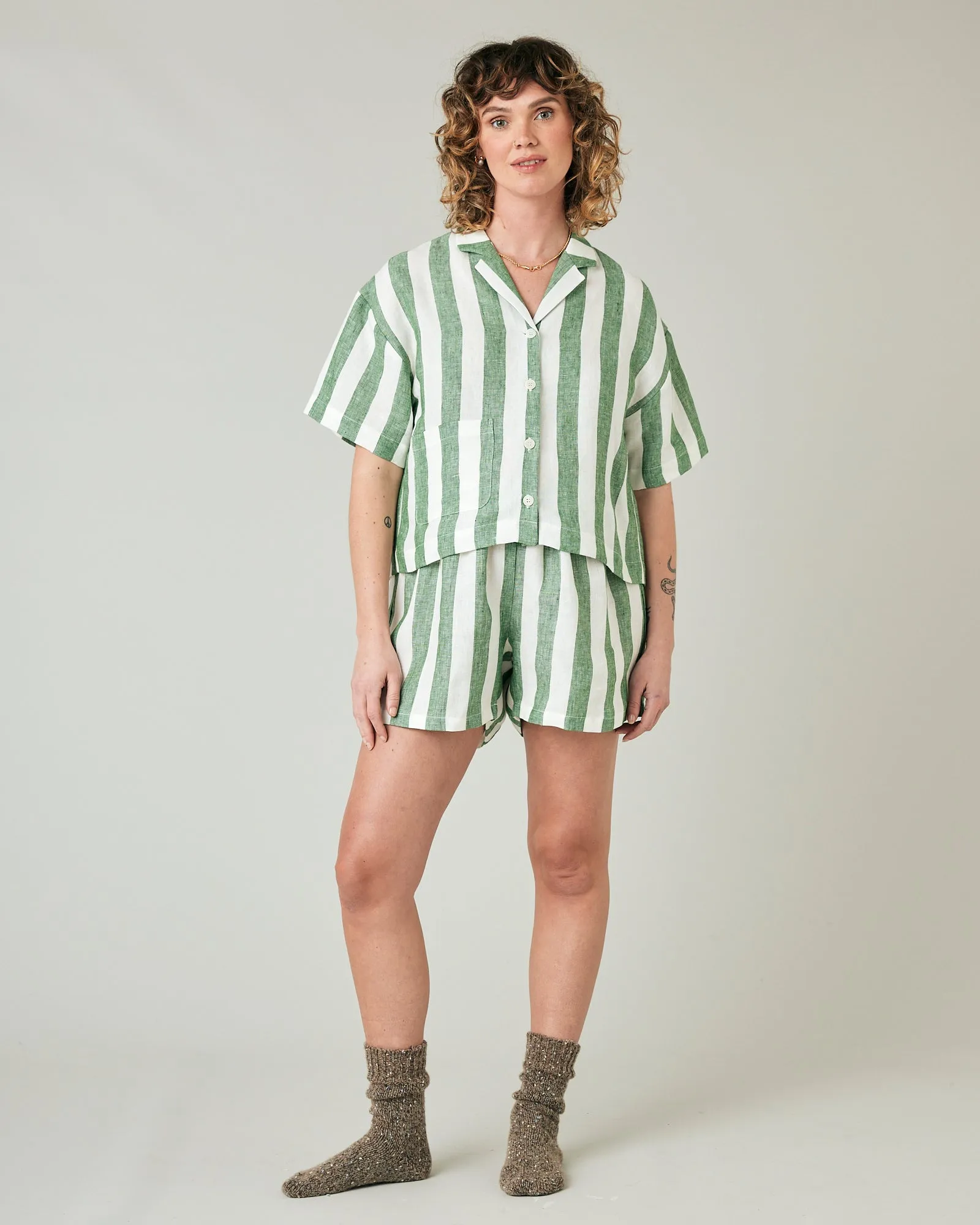 Wear Anywhere Clover Stripe Linen Shorts sold by Beyond Nine