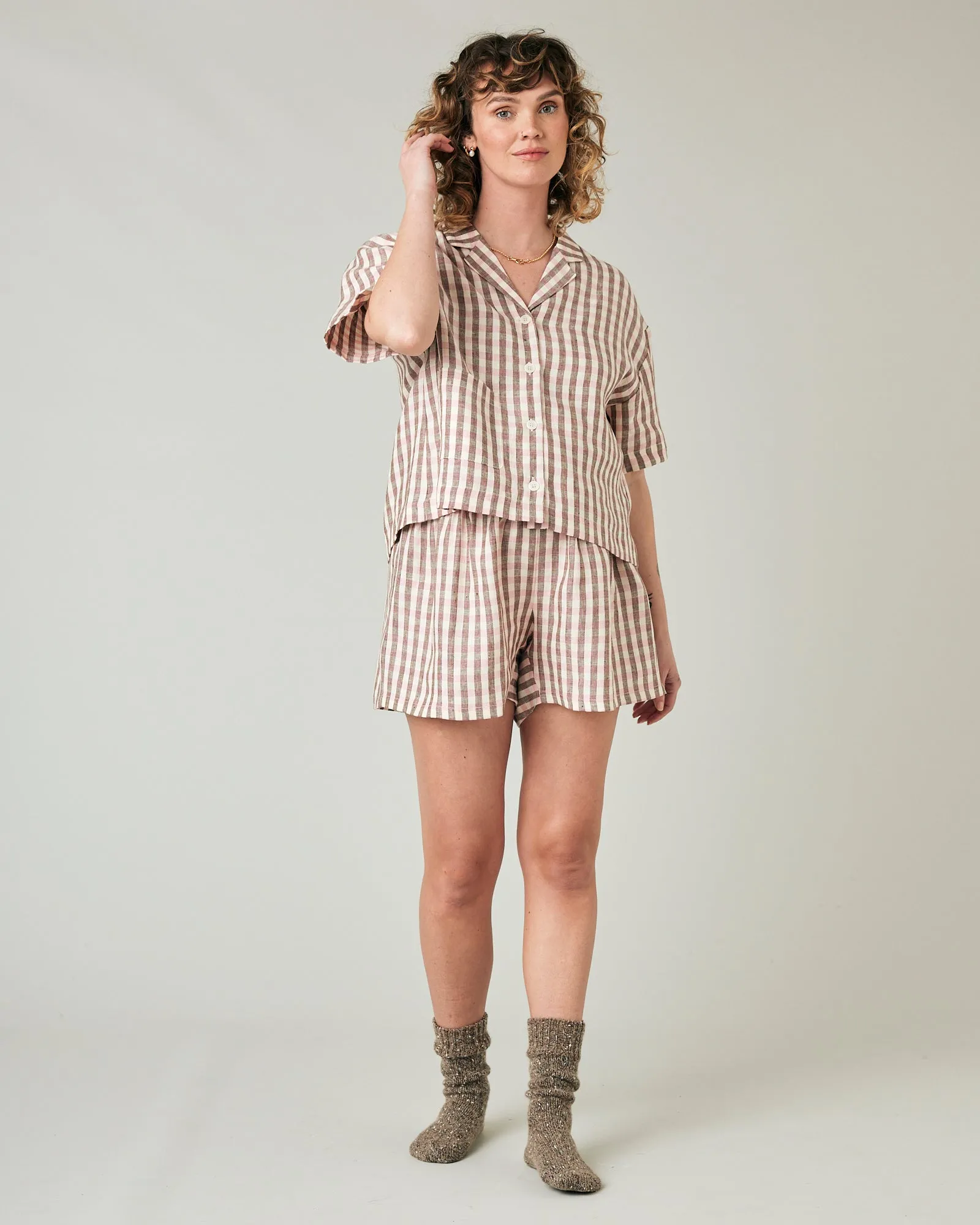 Wear Anywhere Neapolitan Check Linen Shorts sold by Beyond Nine