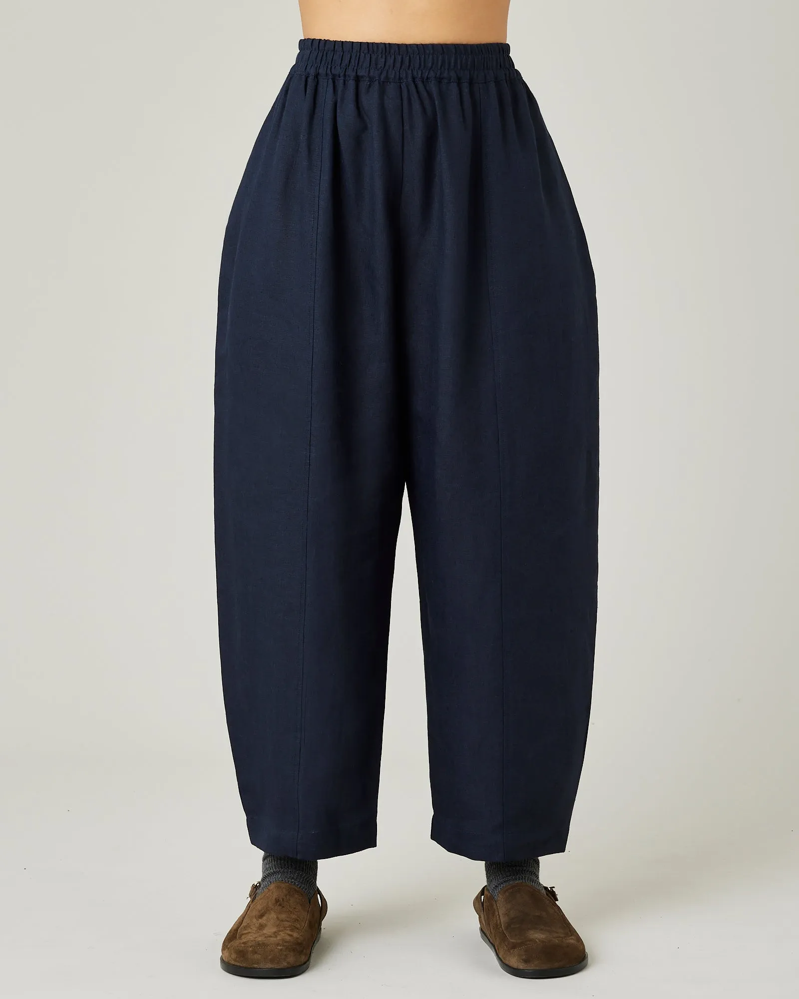 Longer Length Mabel Navy Linen Trousers sold by Beyond Nine