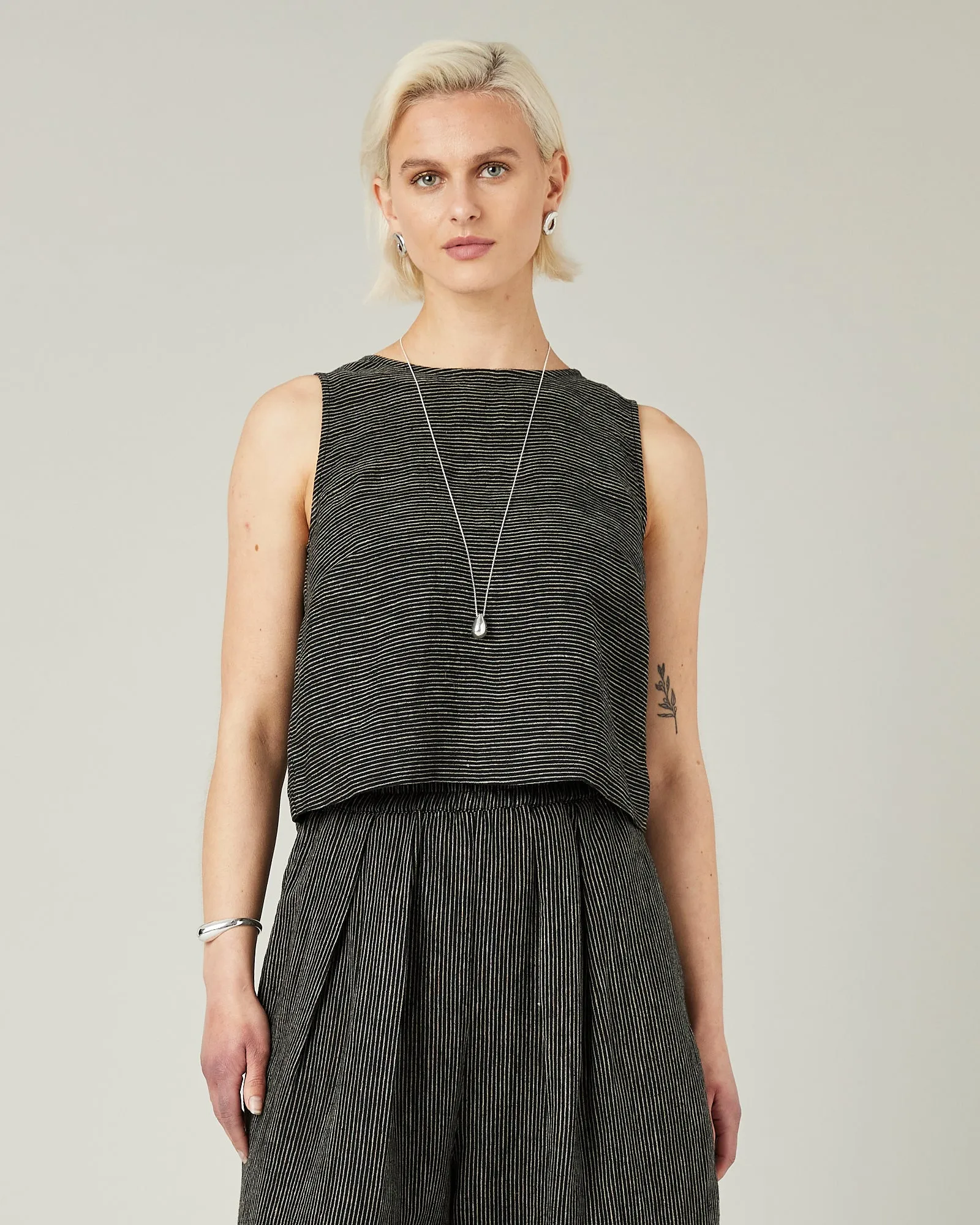 Esme Black & Ecru Pencil Stripe Linen Top sold by Beyond Nine