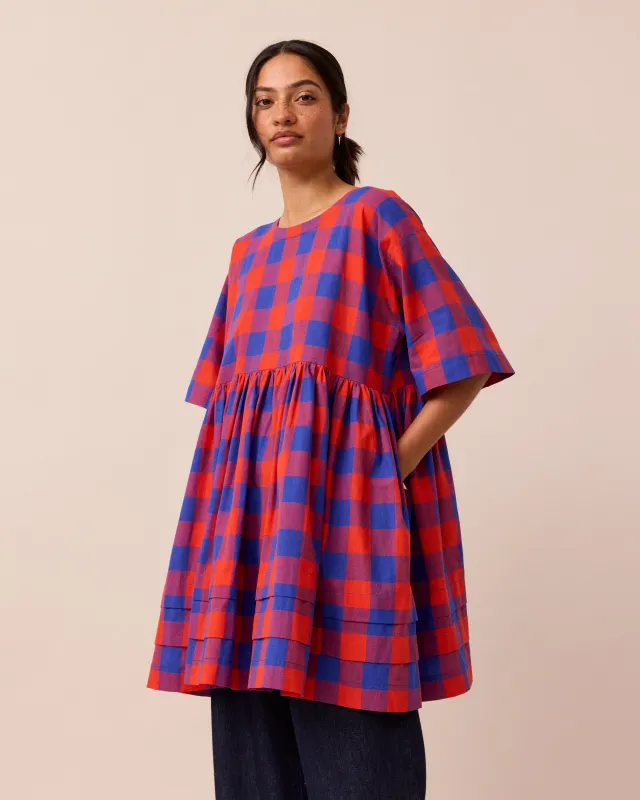 Neve Red & Blue Check Cotton Linen Dress sold by Beyond Nine