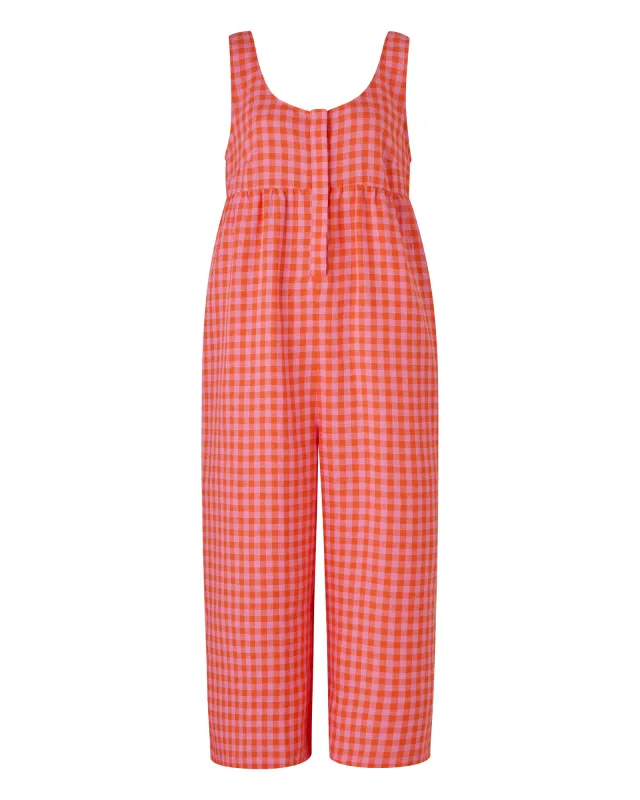 MADE TO ORDER Savannah Tomato & Pink Check Linen Jumpsuit sold by Beyond Nine
