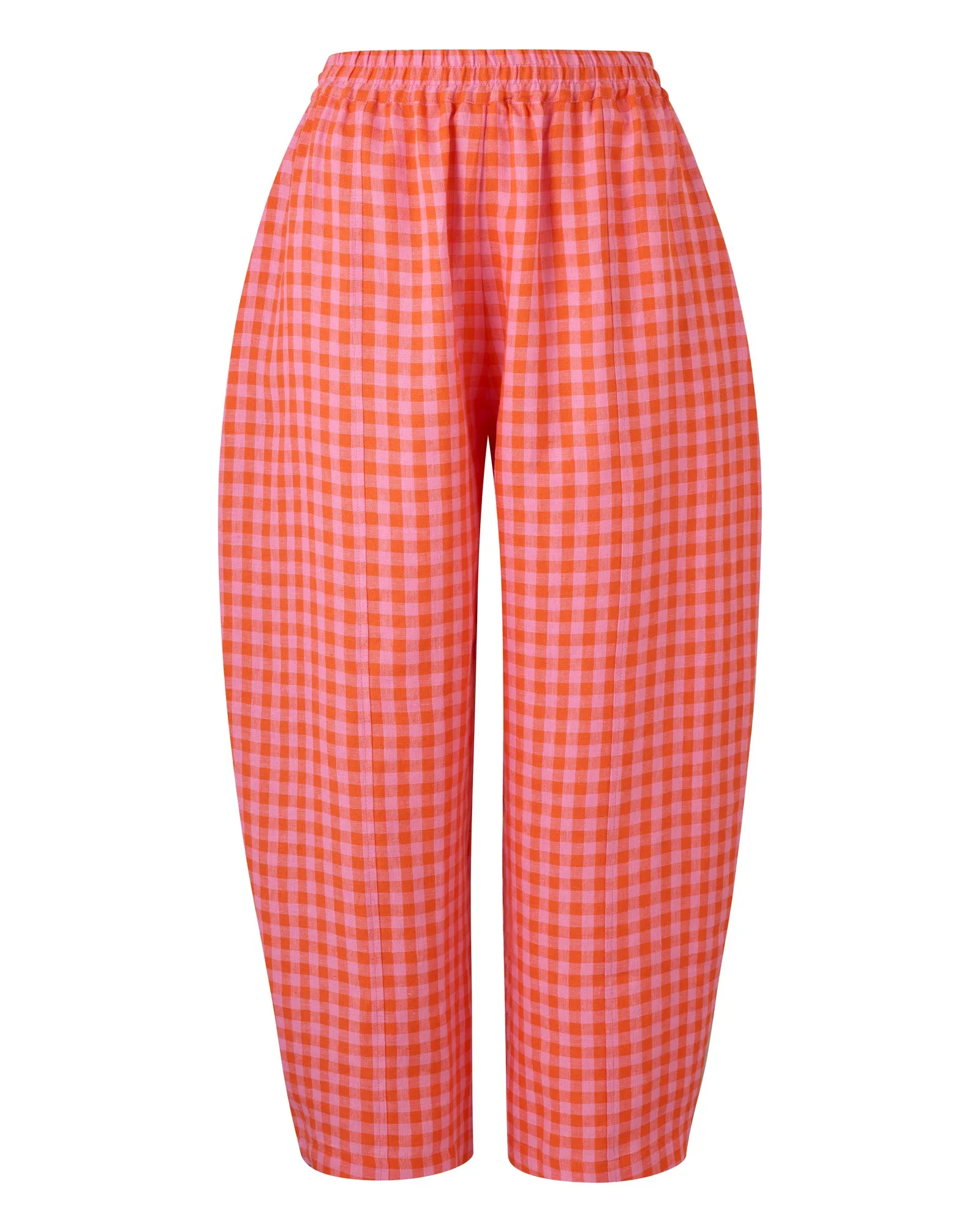 Longer Length Mabel Tomato & Pink Check Linen Trousers sold by Beyond Nine