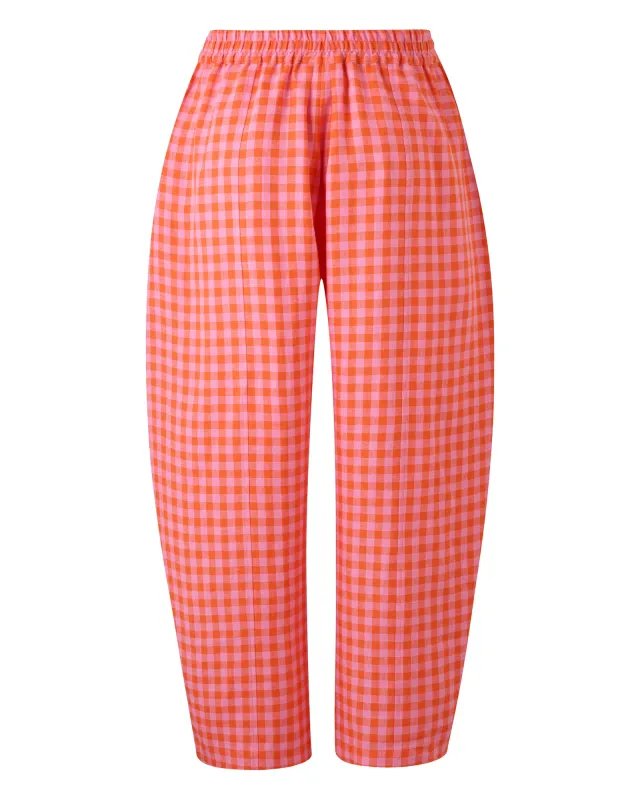 MADE TO ORDER Mabel Tomato & Pink Check Linen Trousers sold by Beyond Nine