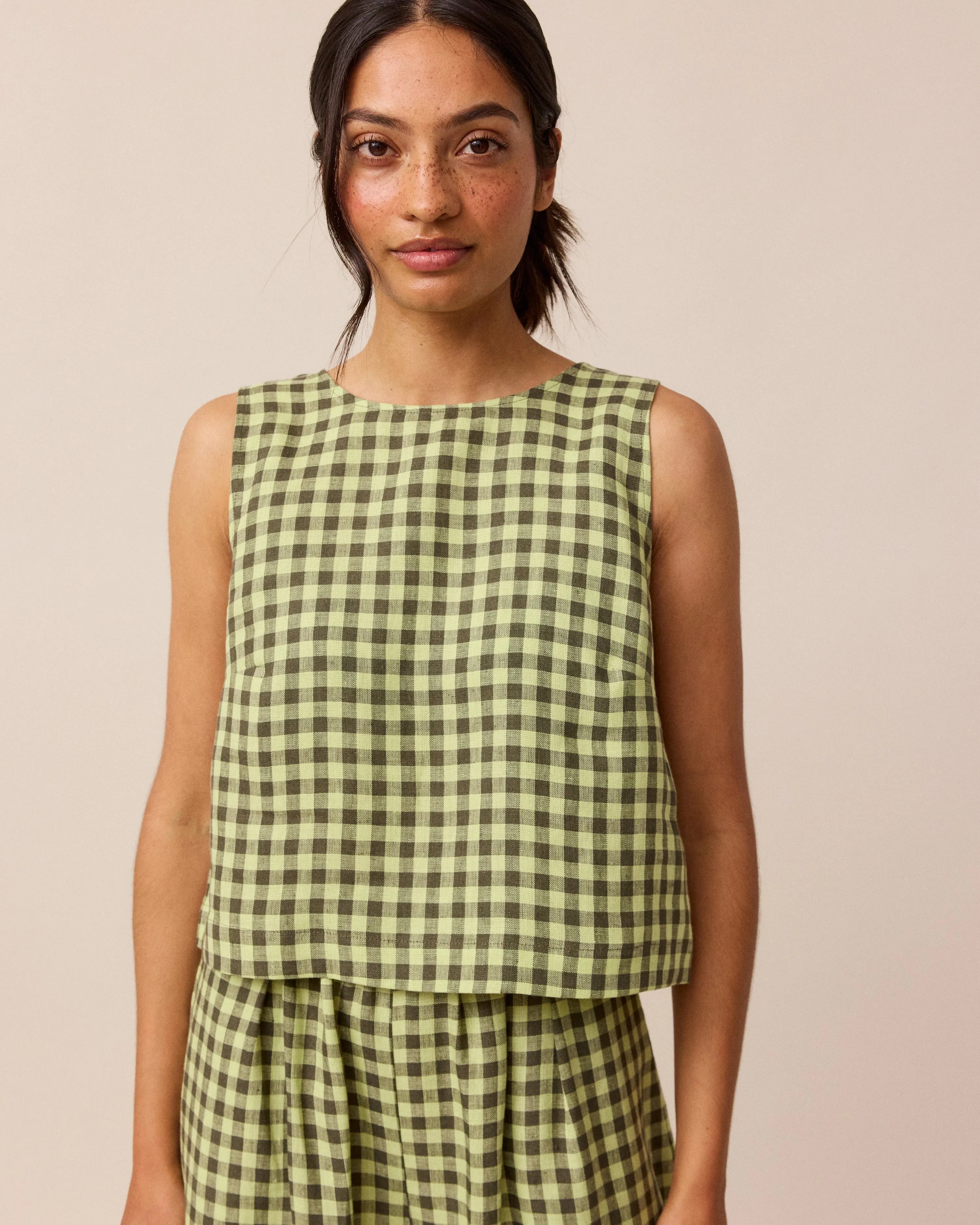 Esme Matcha Gingham Linen Top sold by Beyond Nine