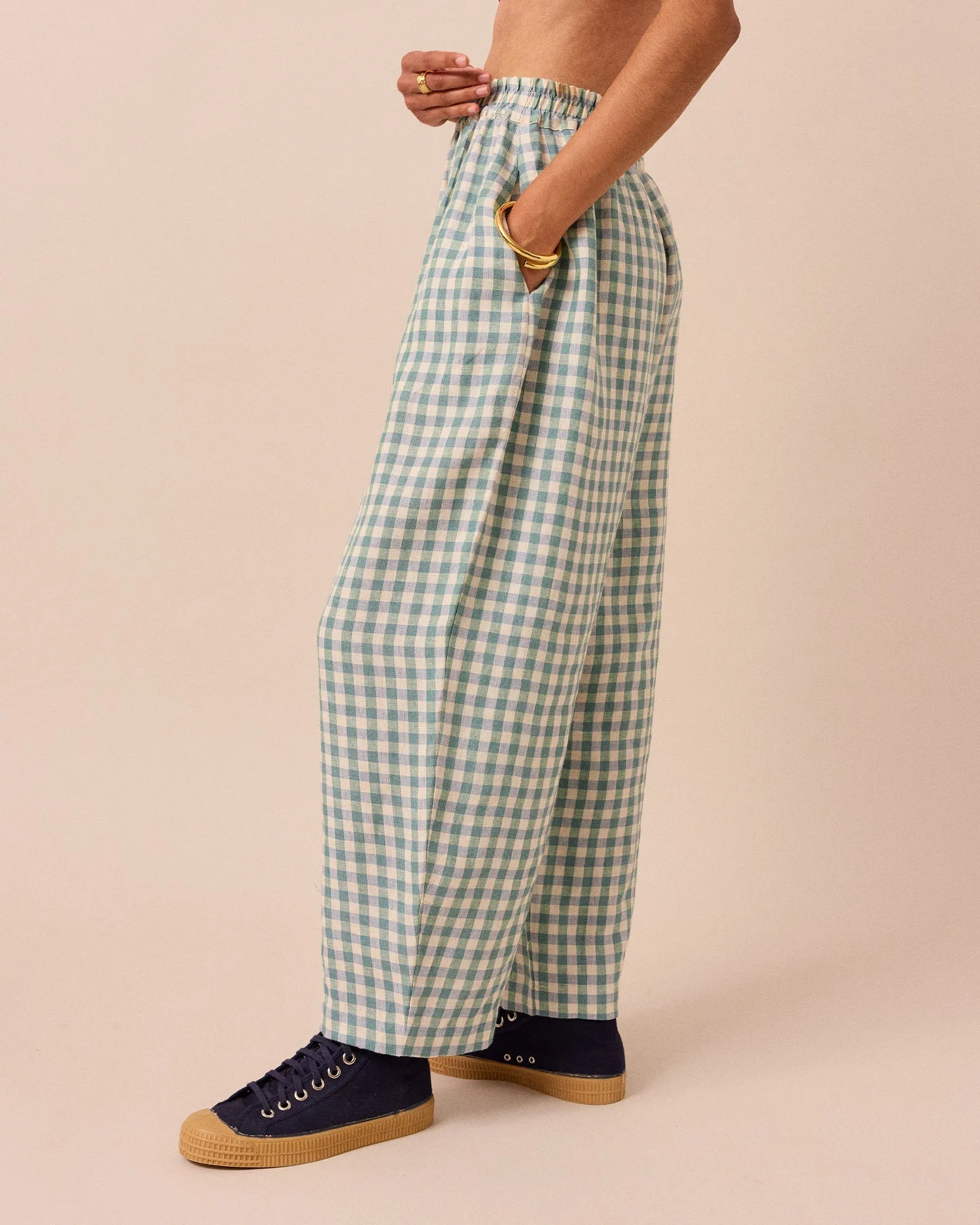 MADE TO ORDER Longer Length Mabel Ocean Check Linen Trousers sold by Beyond Nine product image thumbnail 3
