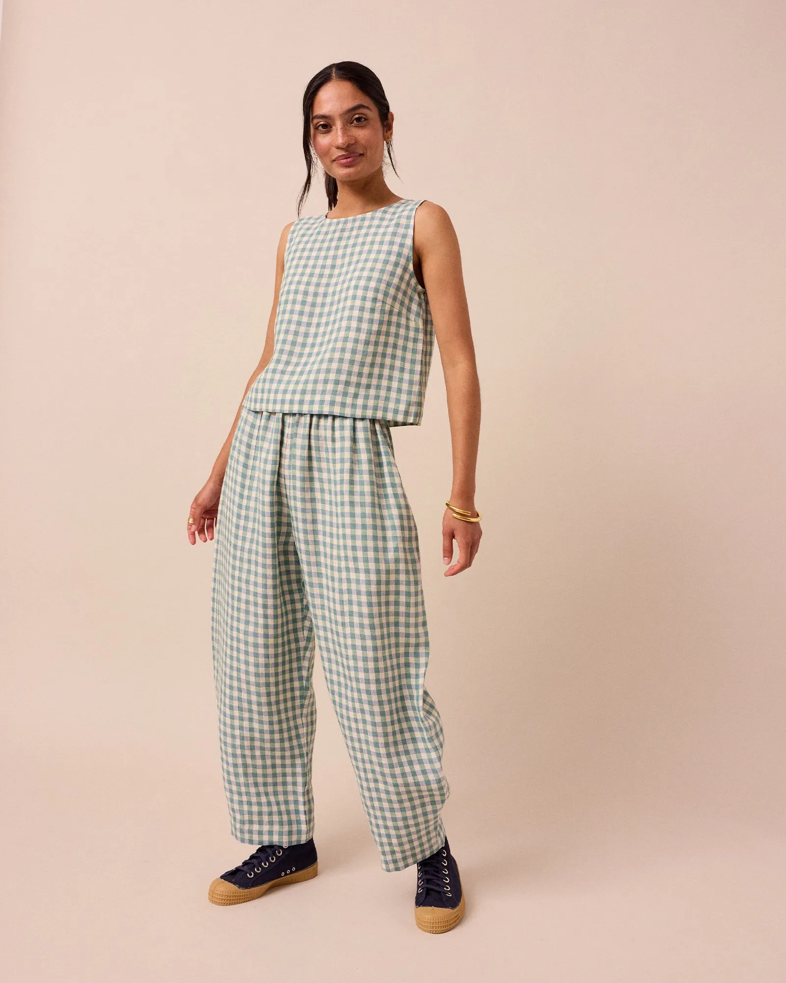 MADE TO ORDER Longer Length Mabel Ocean Check Linen Trousers sold by Beyond Nine product image thumbnail 4