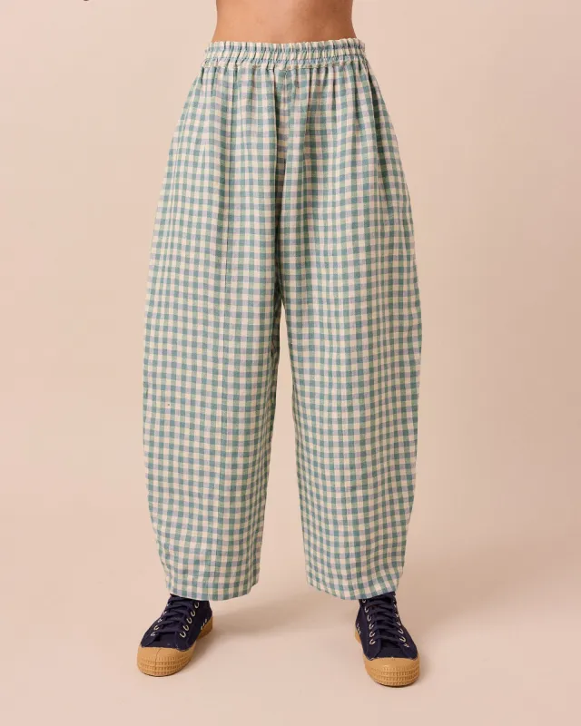 Mabel Ocean Check Linen Trousers sold by Beyond Nine