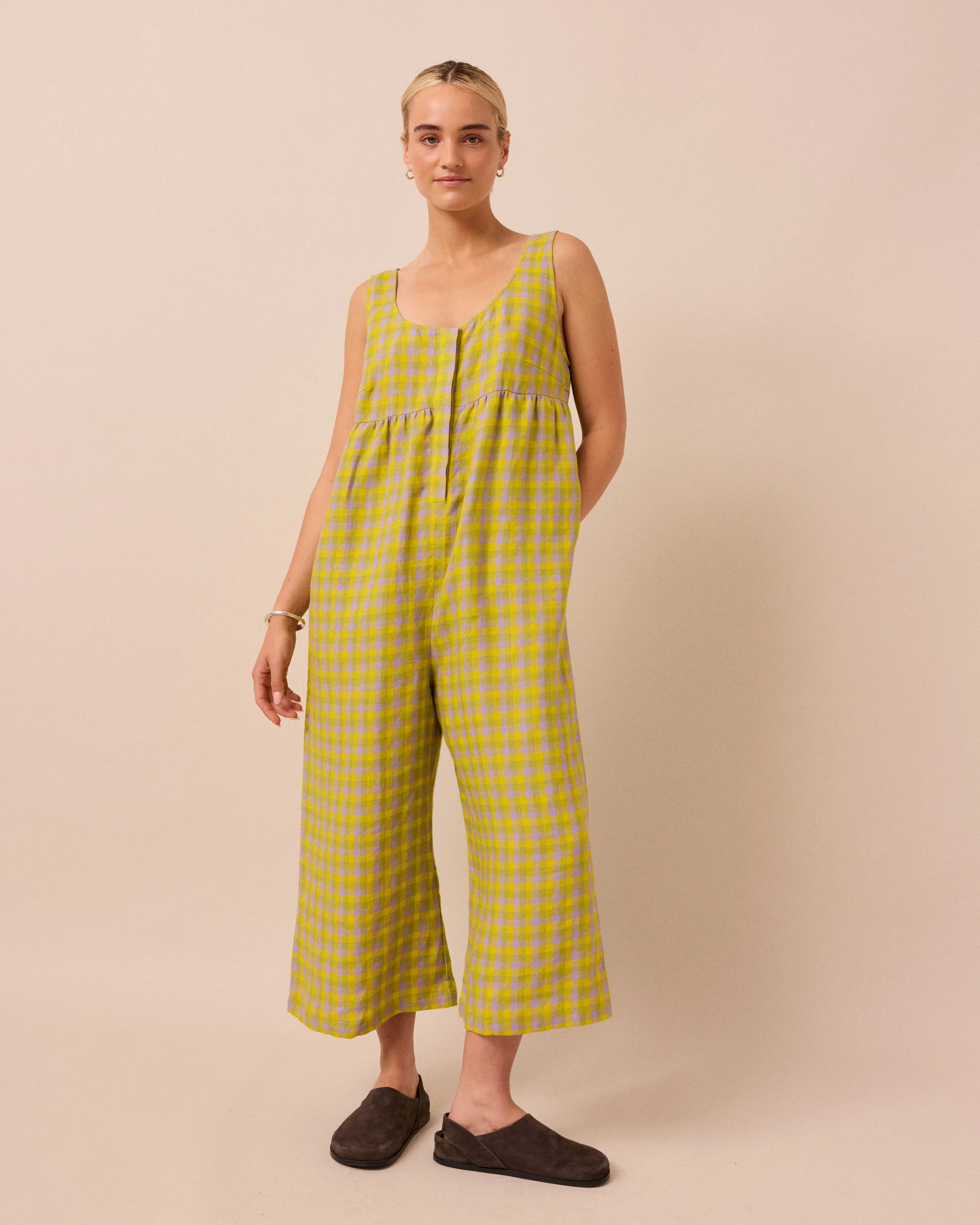 Savannah Citrine Check Linen Jumpsuit sold by Beyond Nine
