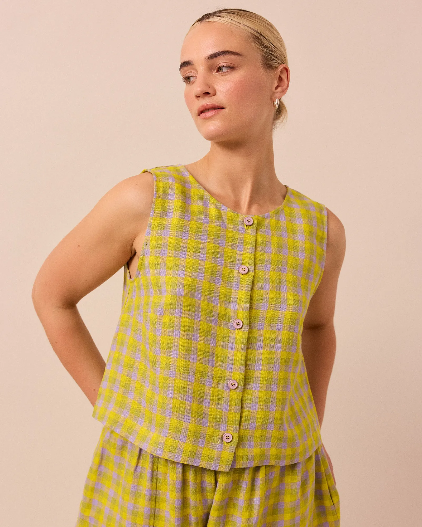 Elodie Citrine Check Linen Top sold by Beyond Nine