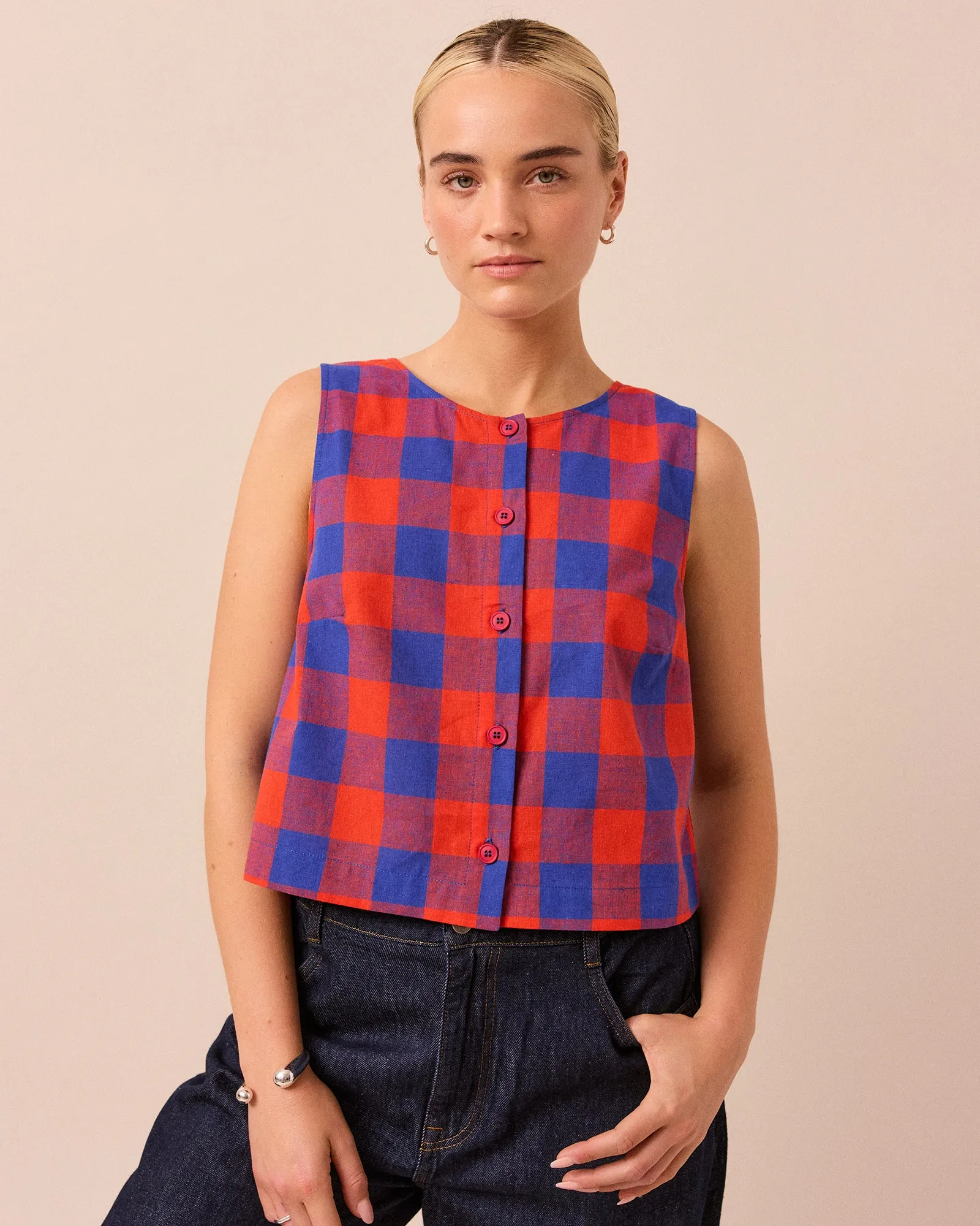 Elodie Red & Blue Check Cotton Linen Top sold by Beyond Nine