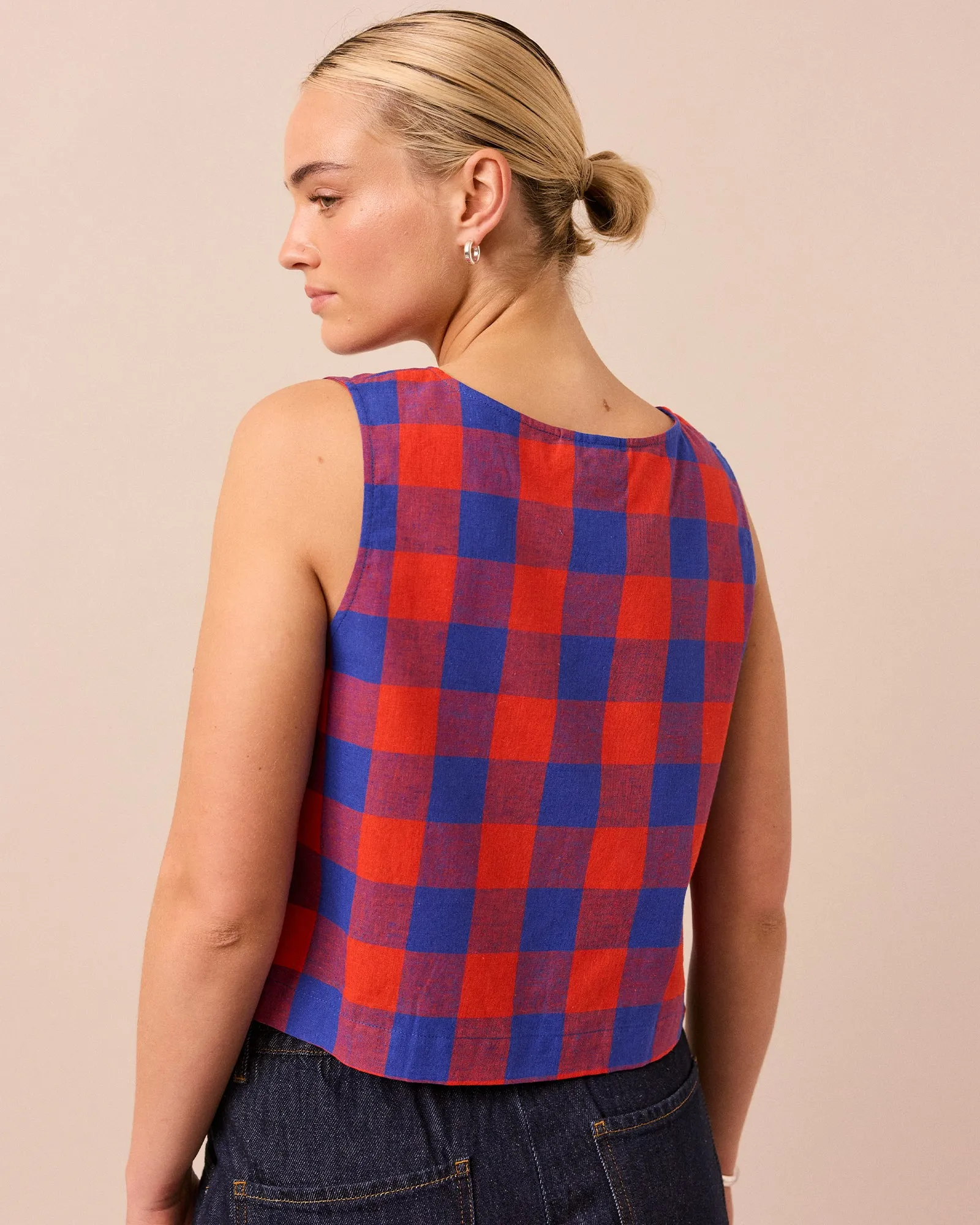 Elodie Red & Blue Check Cotton Linen Top sold by Beyond Nine product image thumbnail 5
