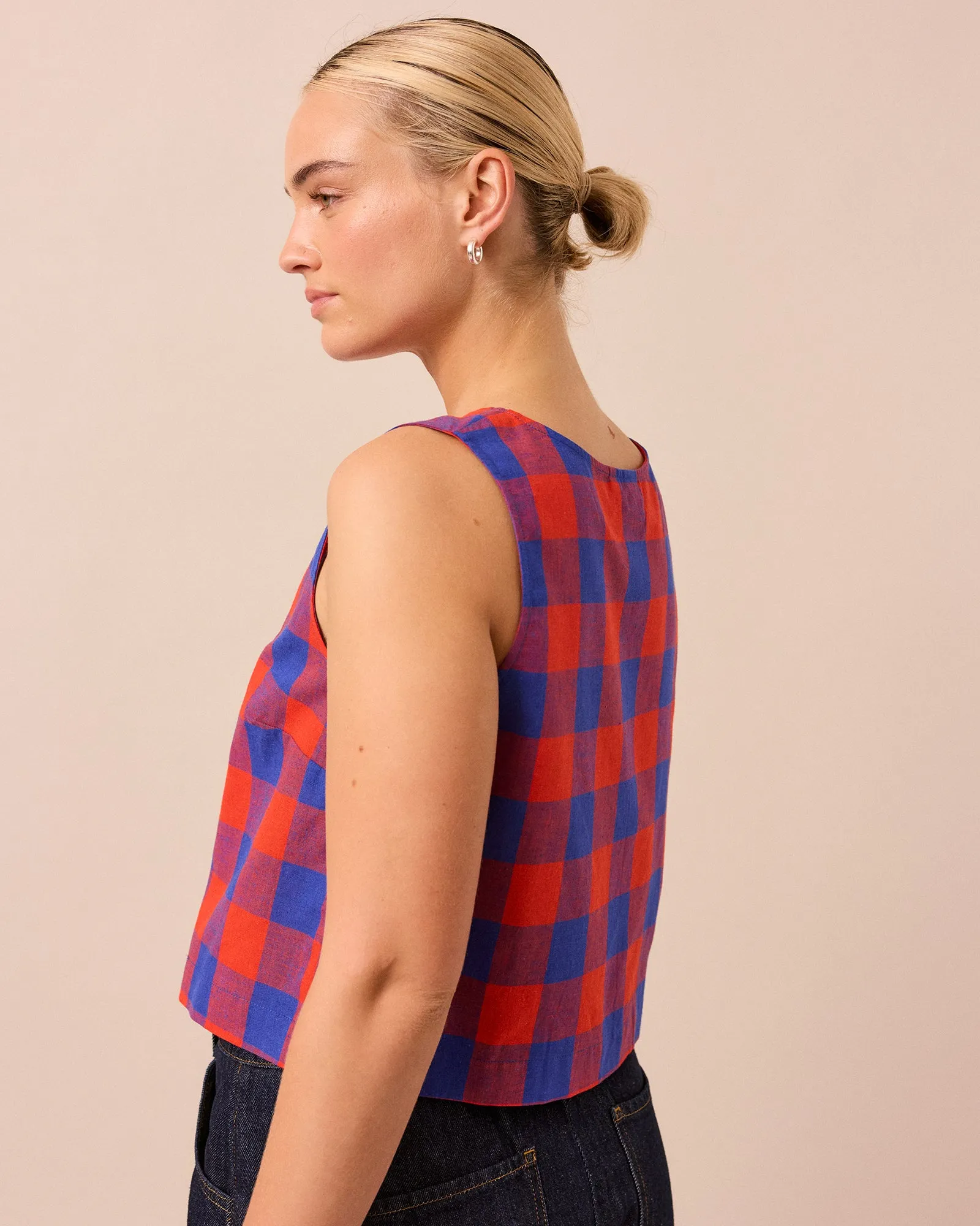 Elodie Red & Blue Check Cotton Linen Top sold by Beyond Nine product image thumbnail 4