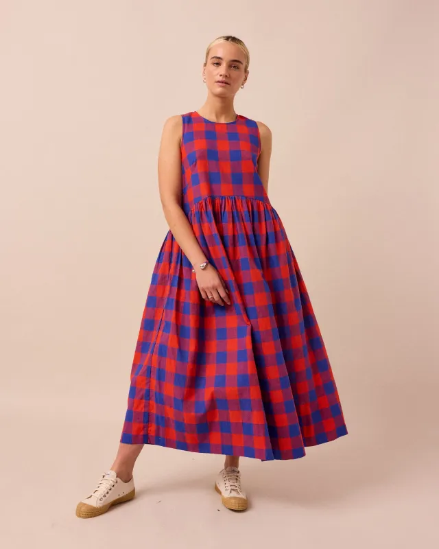 Dakota Red & Blue Check Cotton Linen Dress sold by Beyond Nine