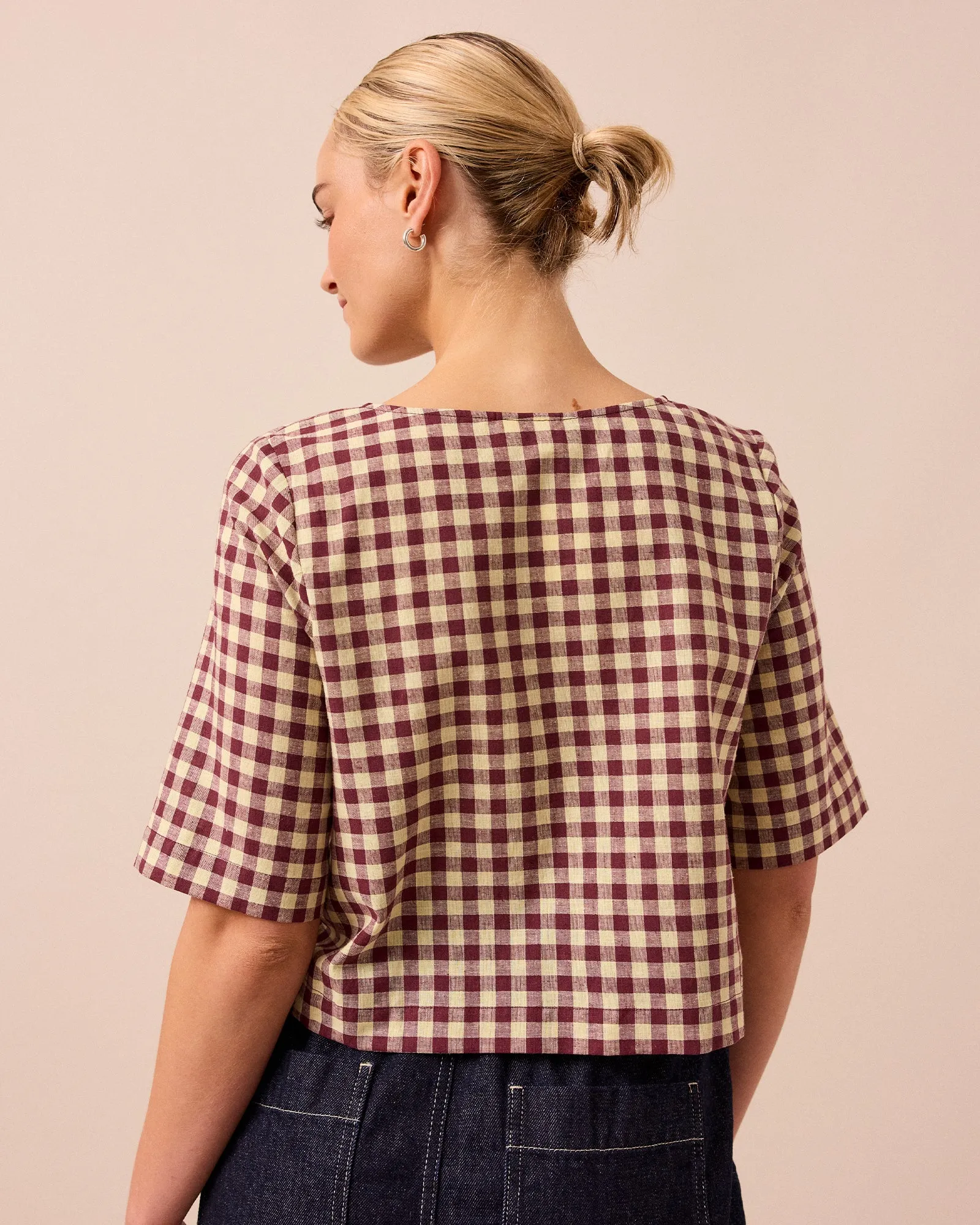 Evelyn Burgundy & Butter Check Cotton Linen Top sold by Beyond Nine product image thumbnail 4