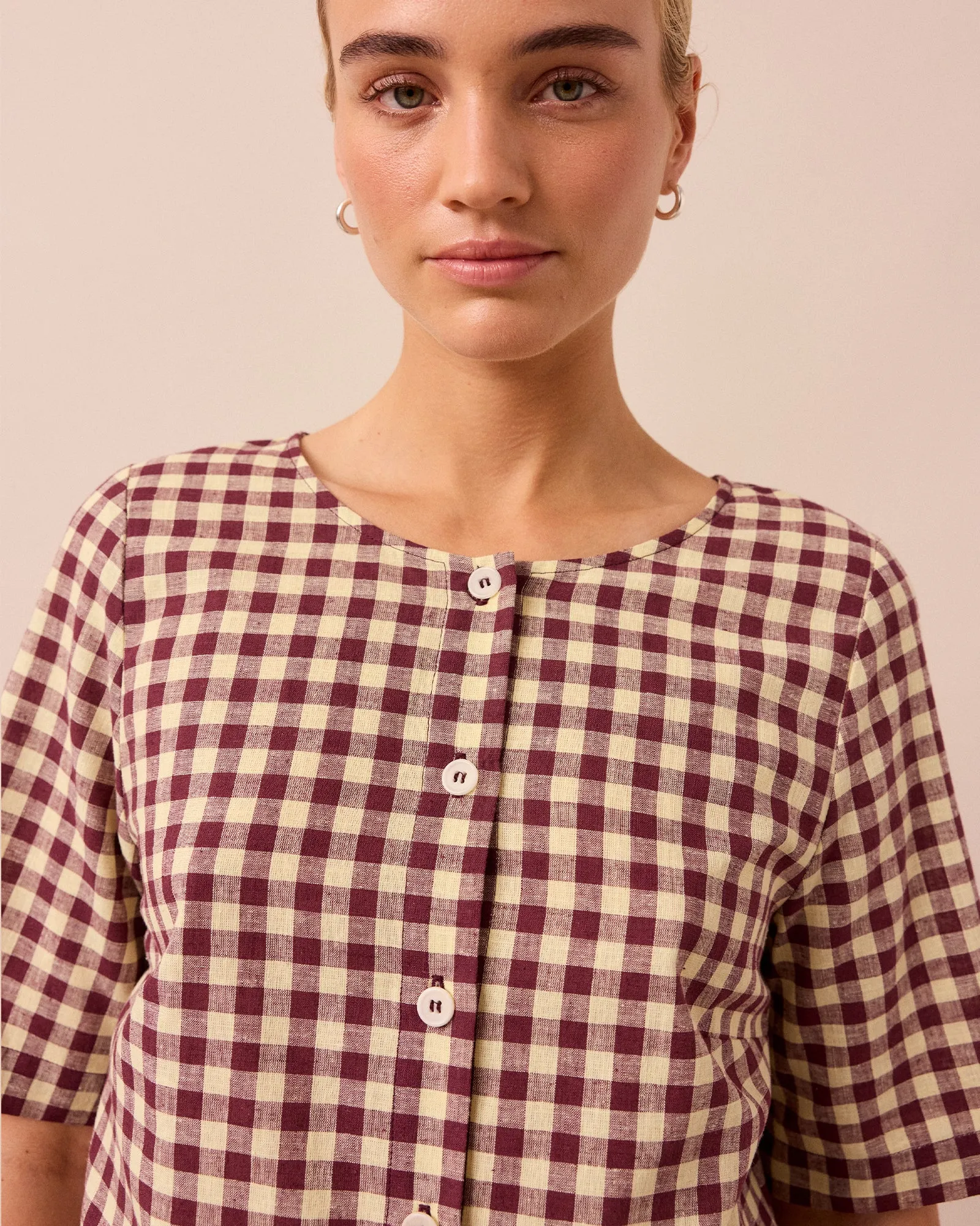 Evelyn Burgundy & Butter Check Cotton Linen Top sold by Beyond Nine product image thumbnail 2
