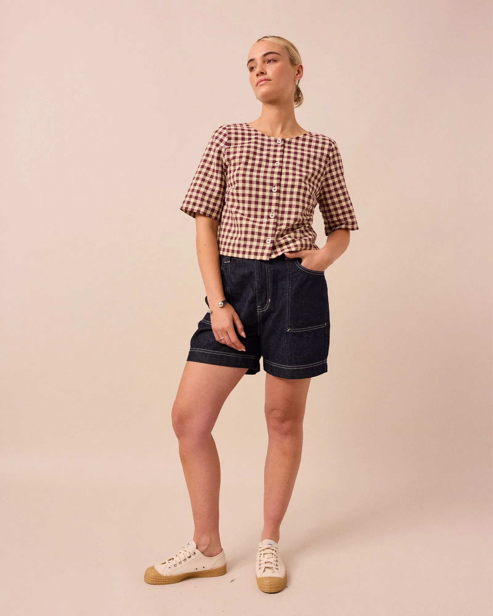 Evelyn Burgundy & Butter Check Cotton Linen Top sold by Beyond Nine product image thumbnail 5