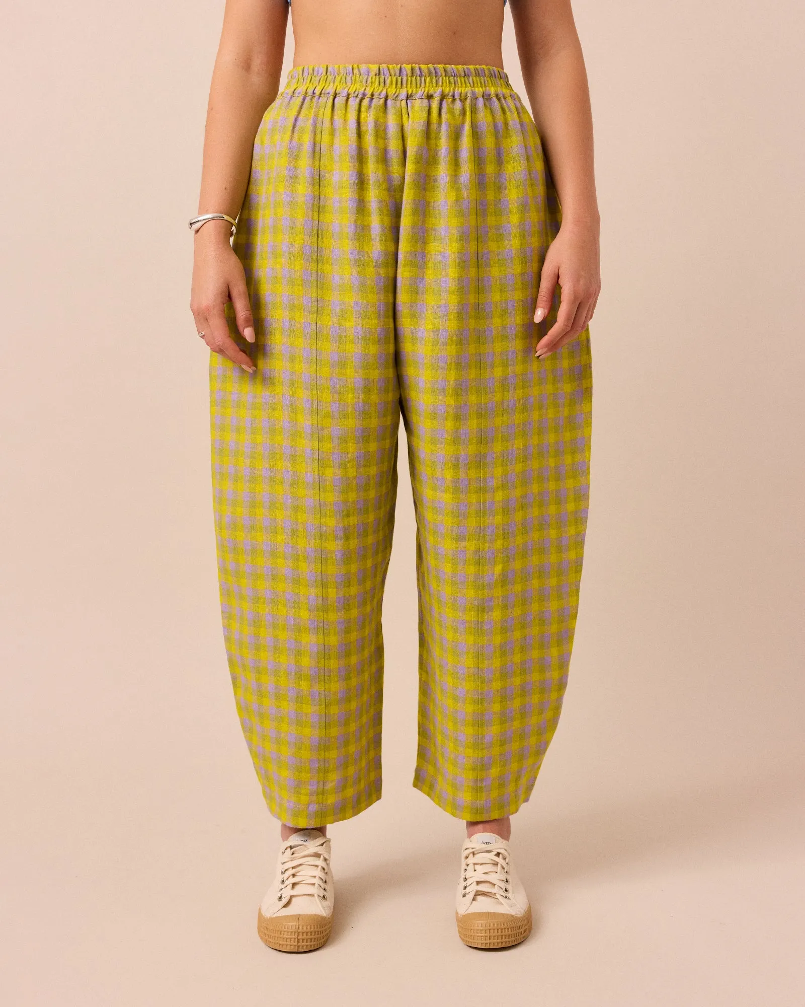 Mabel Citrine Check Linen Trousers sold by Beyond Nine