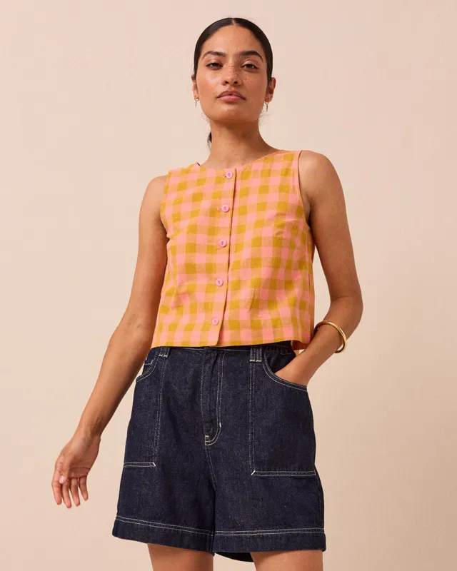 Elodie Sherbet Check Cotton Linen Top sold by Beyond Nine