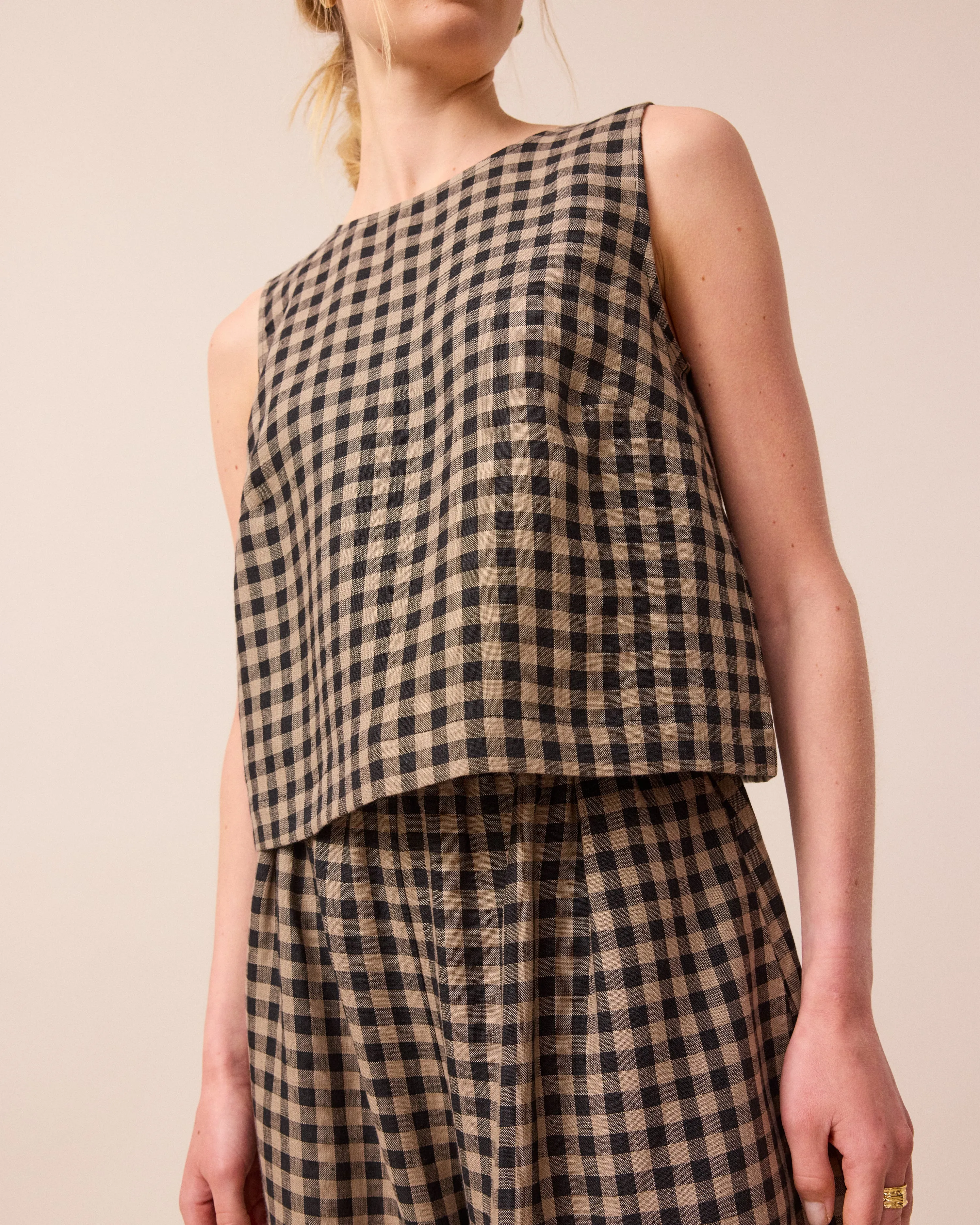 Esme Coffee Gingham Linen Top sold by Beyond Nine