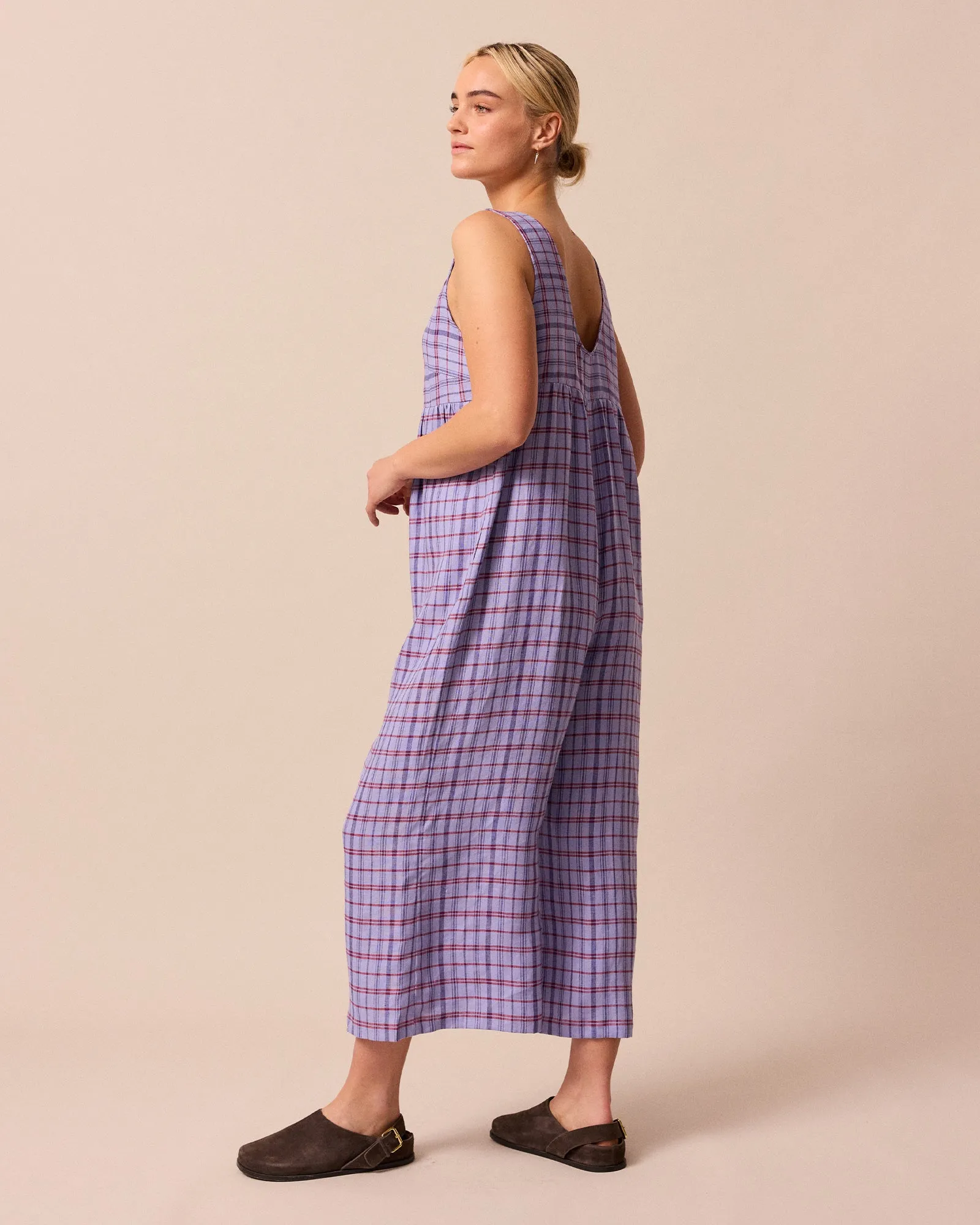 Savannah Parma Violet Plaid Linen Jumpsuit sold by Beyond Nine product image thumbnail 3