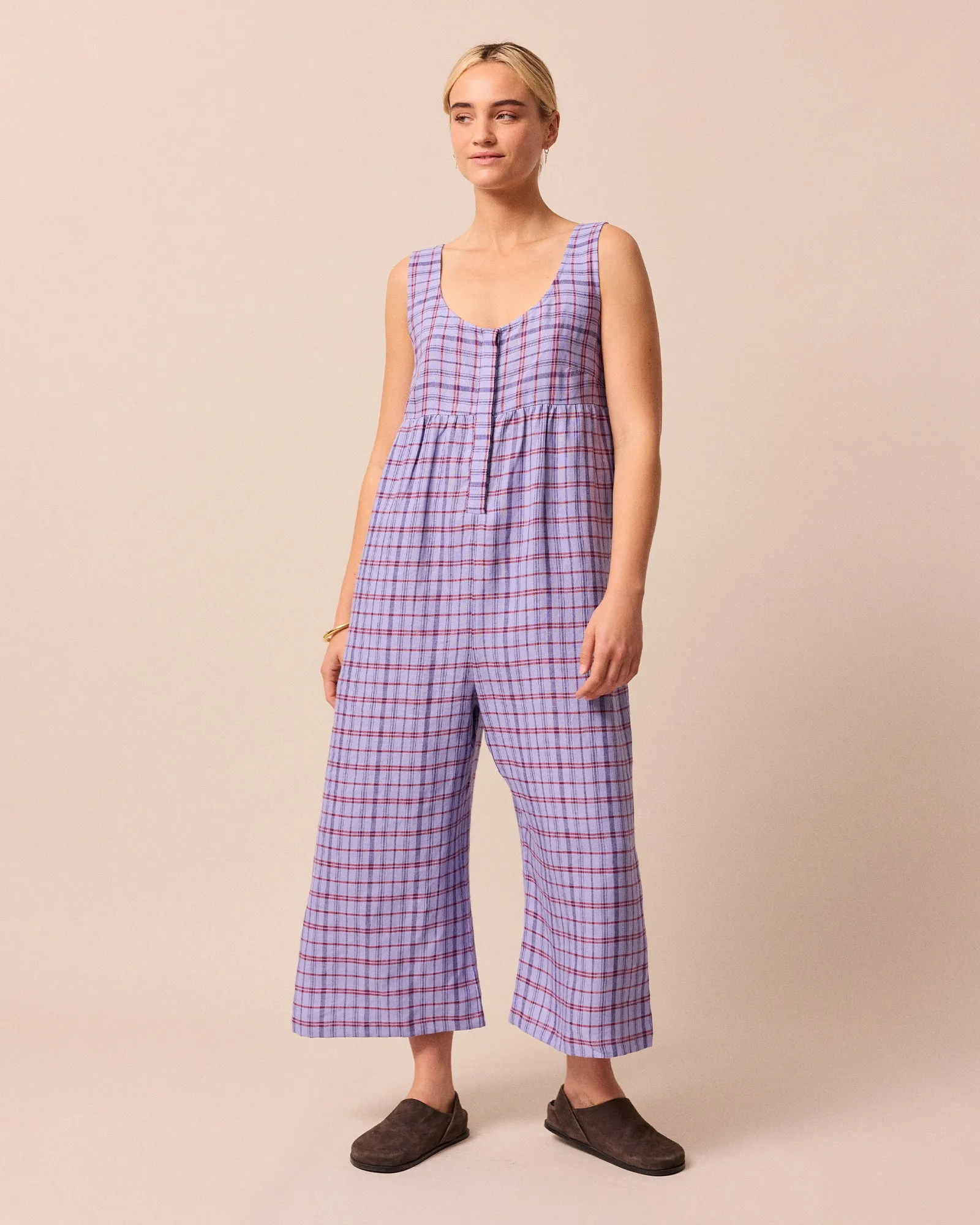 Savannah Parma Violet Plaid Linen Jumpsuit sold by Beyond Nine