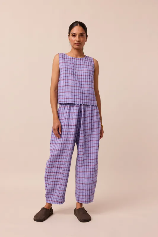 Mabel Parma Violet Plaid Linen Trousers sold by Beyond Nine