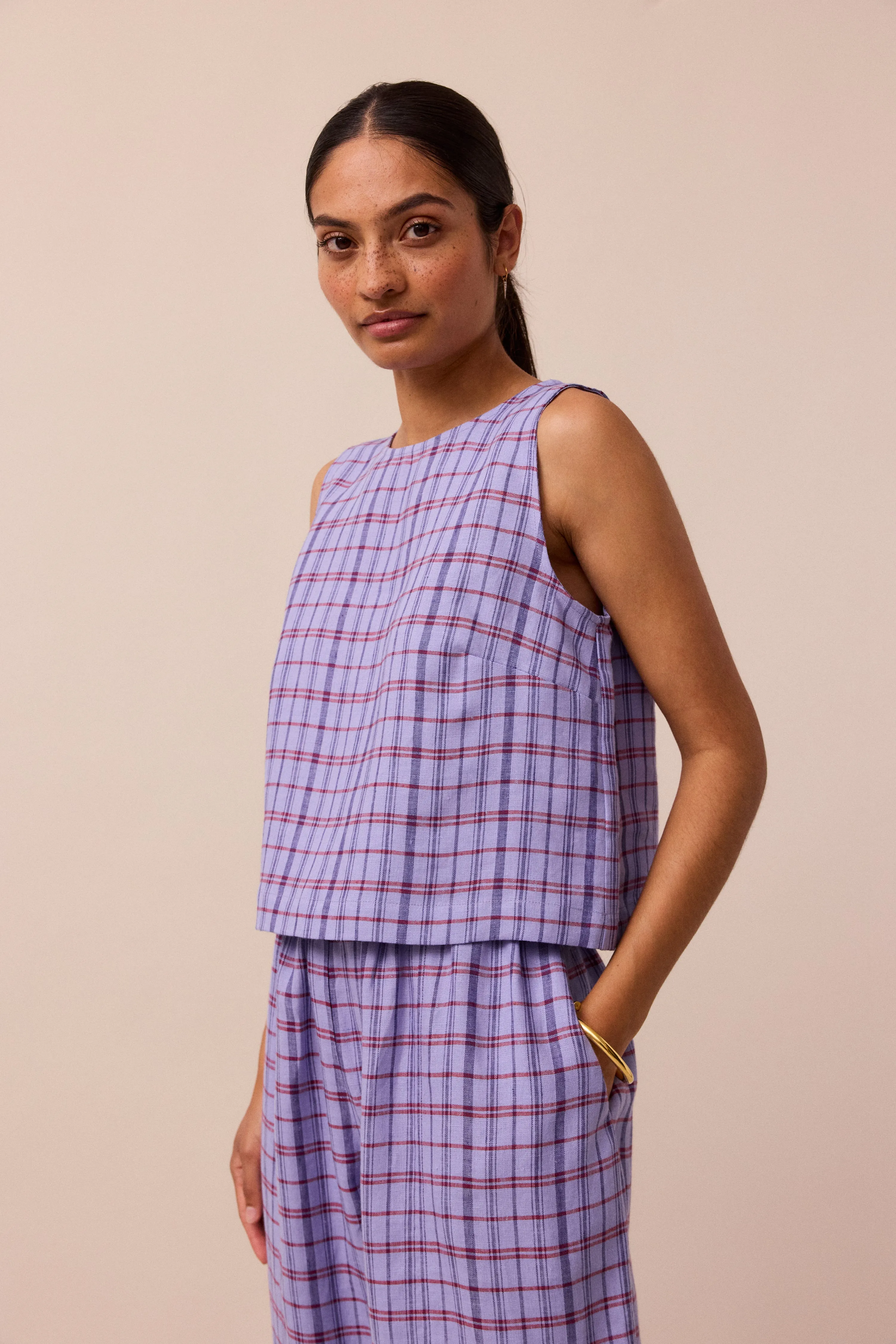 Esme Parma Violet Plaid Linen Top sold by Beyond Nine
