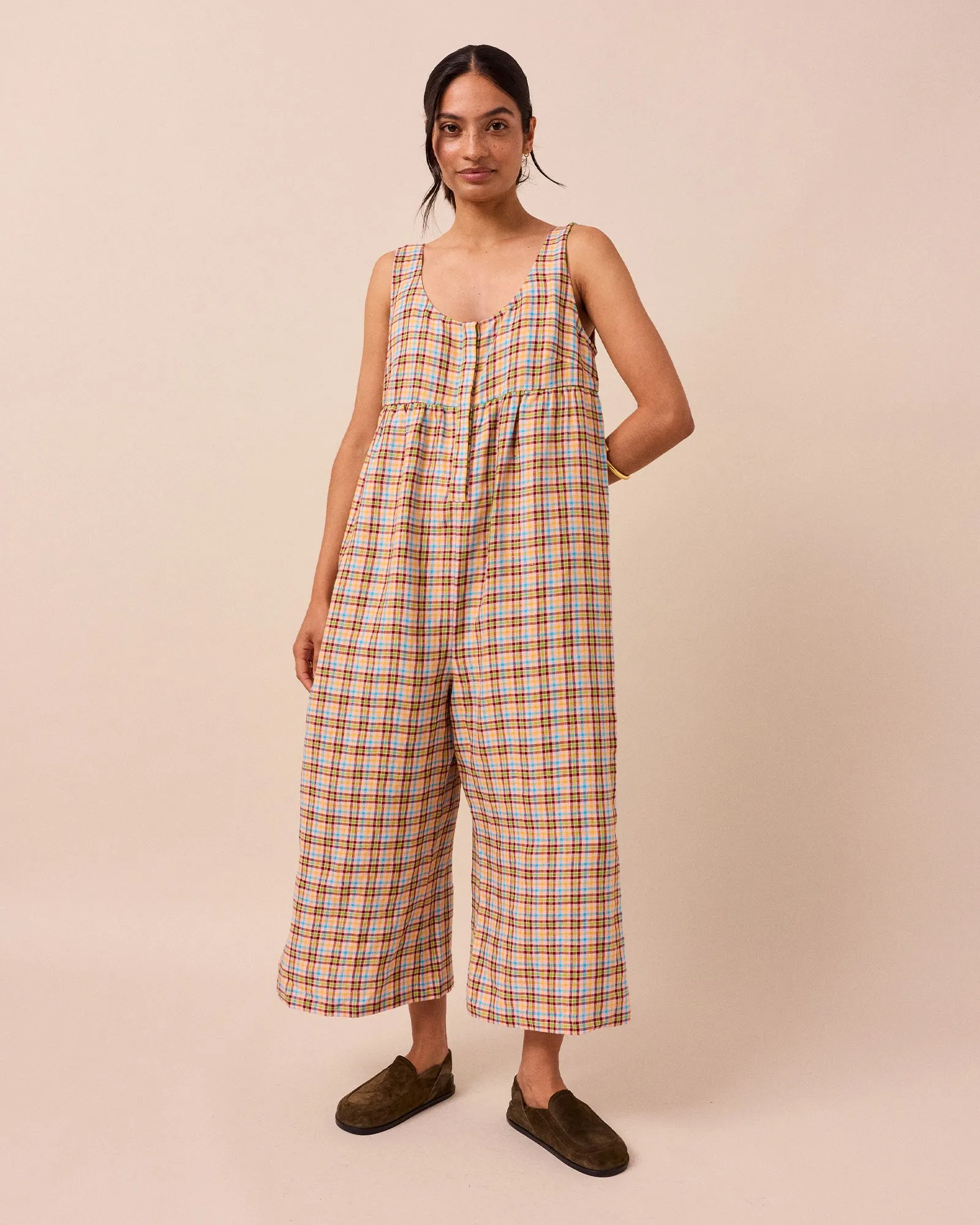 Savannah Picnic Plaid Linen Jumpsuit sold by Beyond Nine