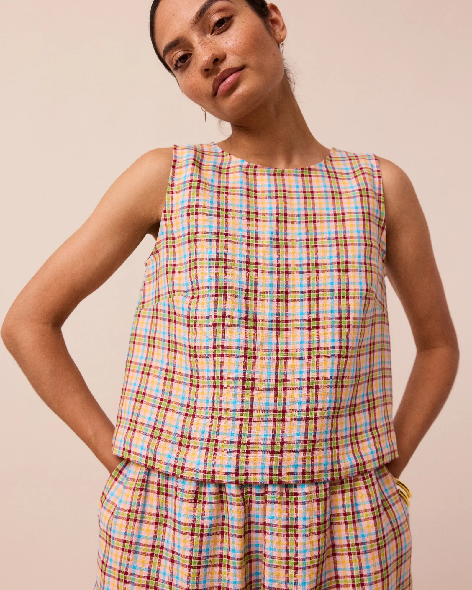 Esme Picnic Plaid Linen Top sold by Beyond Nine