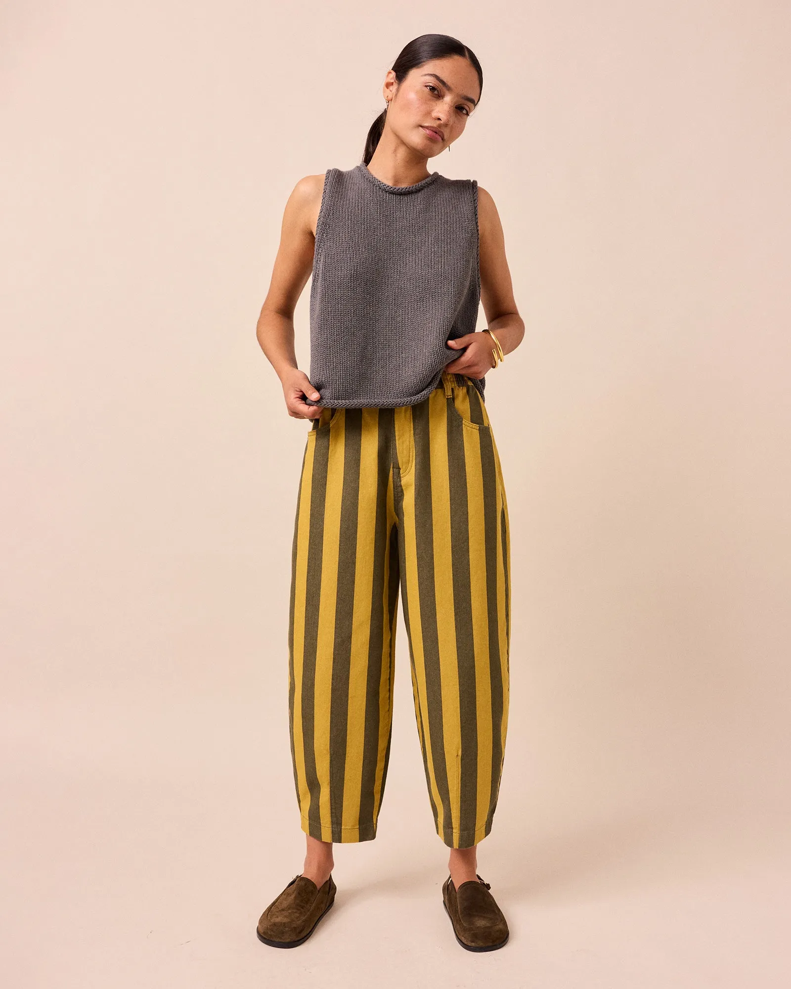 Remi Citrine & Forest Stripe Denim Trousers sold by Beyond Nine