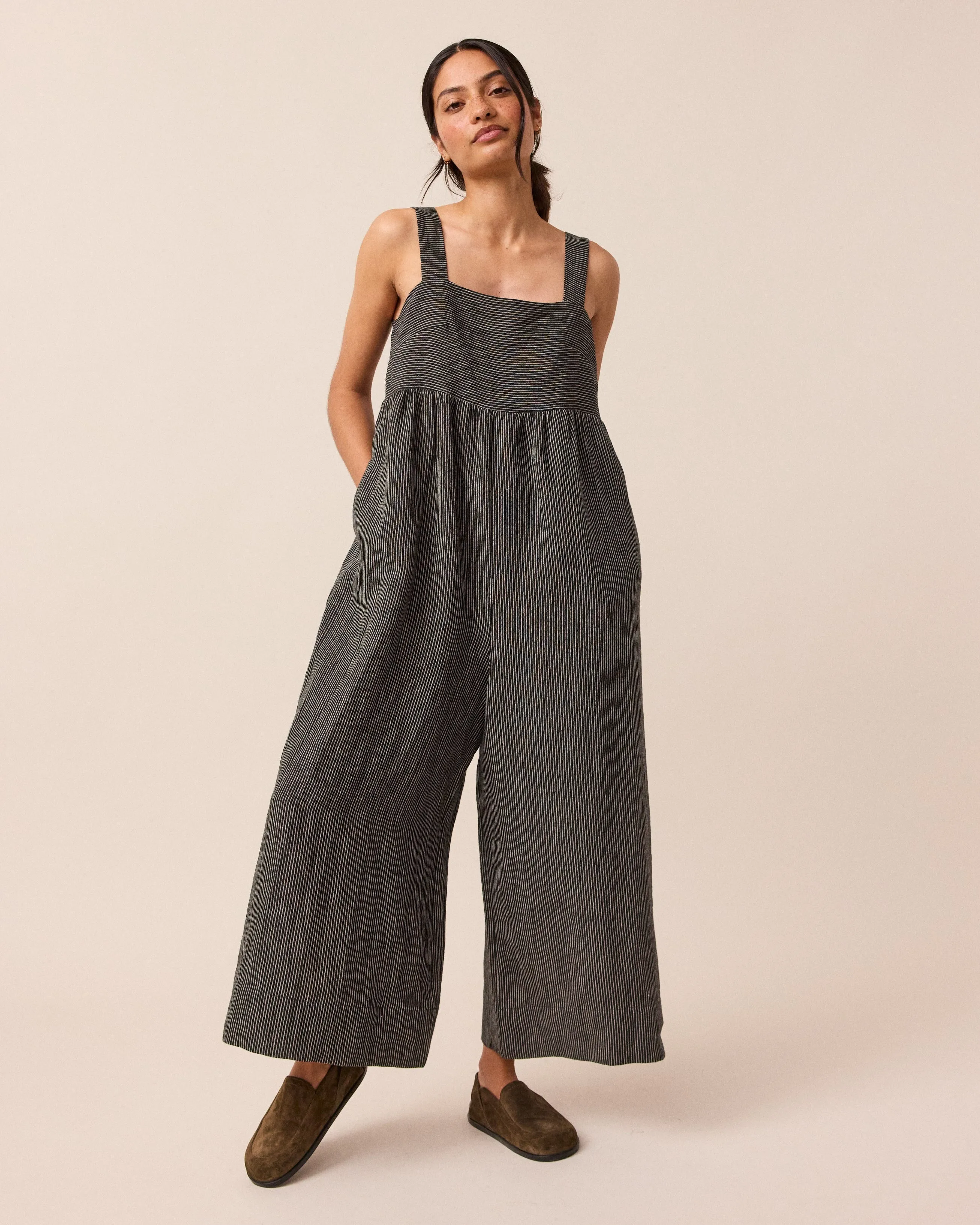 Cari Black & Ecru Pencil Stripe Linen Jumpsuit sold by Beyond Nine