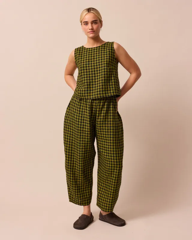Mabel Green Gingham Linen Trousers sold by Beyond Nine