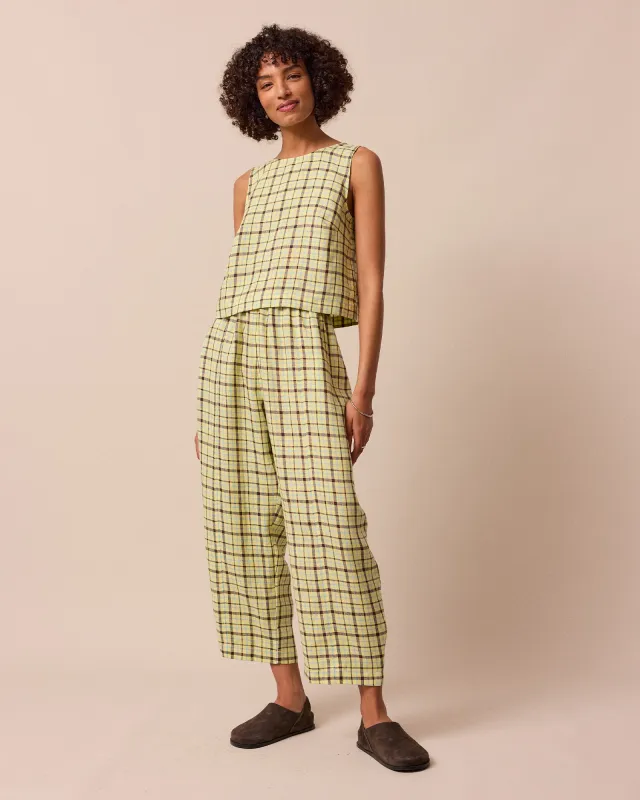Longer Length Mabel Matcha Plaid Linen Trousers sold by Beyond Nine
