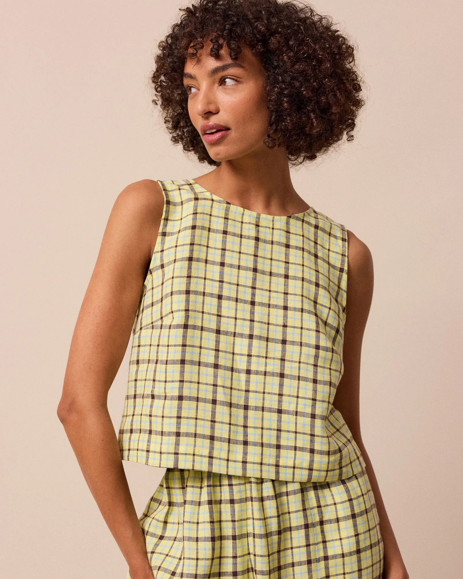 Esme Matcha Plaid Linen Top sold by Beyond Nine