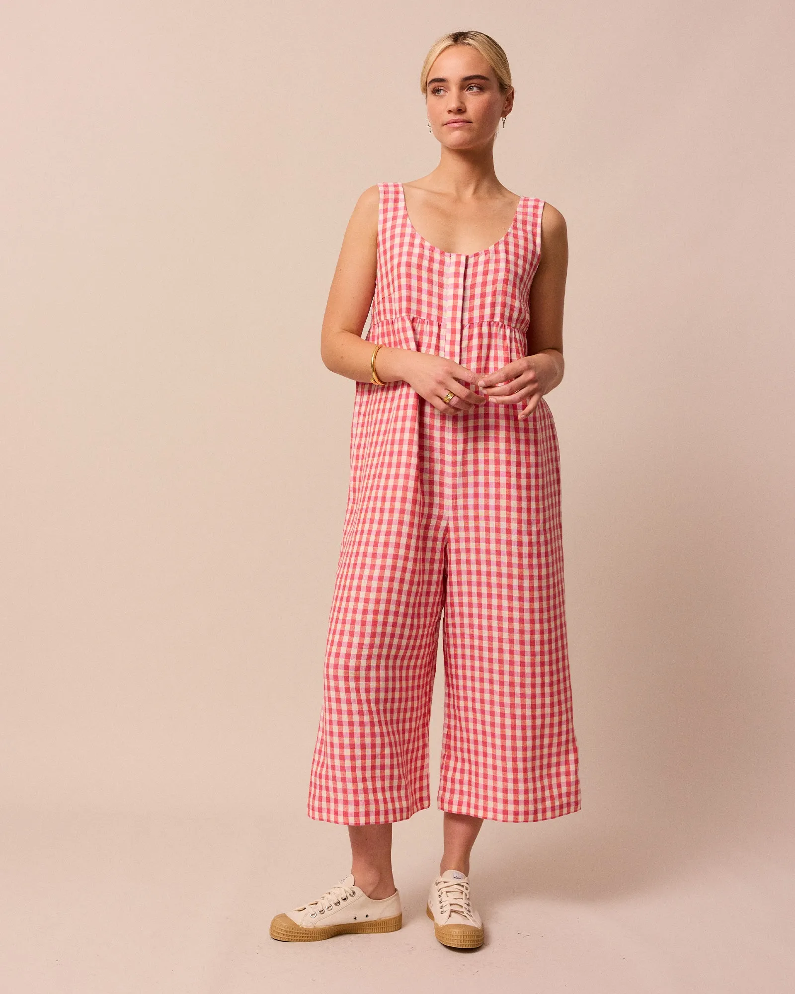 Savannah Pink Check Linen Jumpsuit sold by Beyond Nine