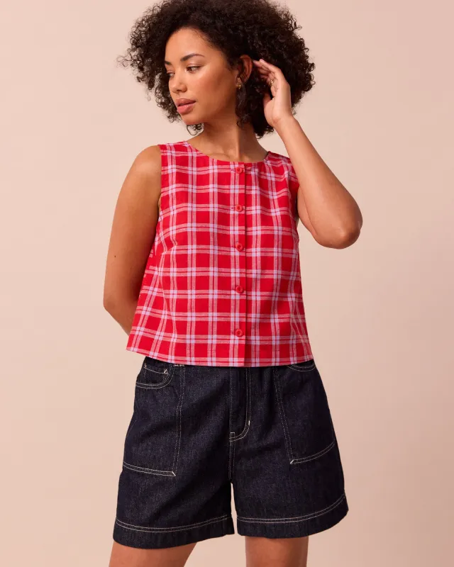 Elodie Cherry Check Cotton Linen Top sold by Beyond Nine