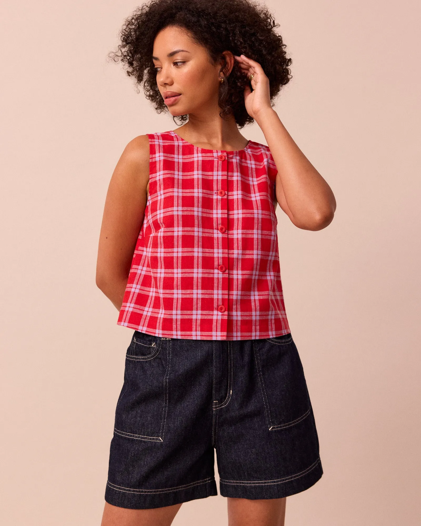 Elodie Cherry Check Cotton Linen Top sold by Beyond Nine