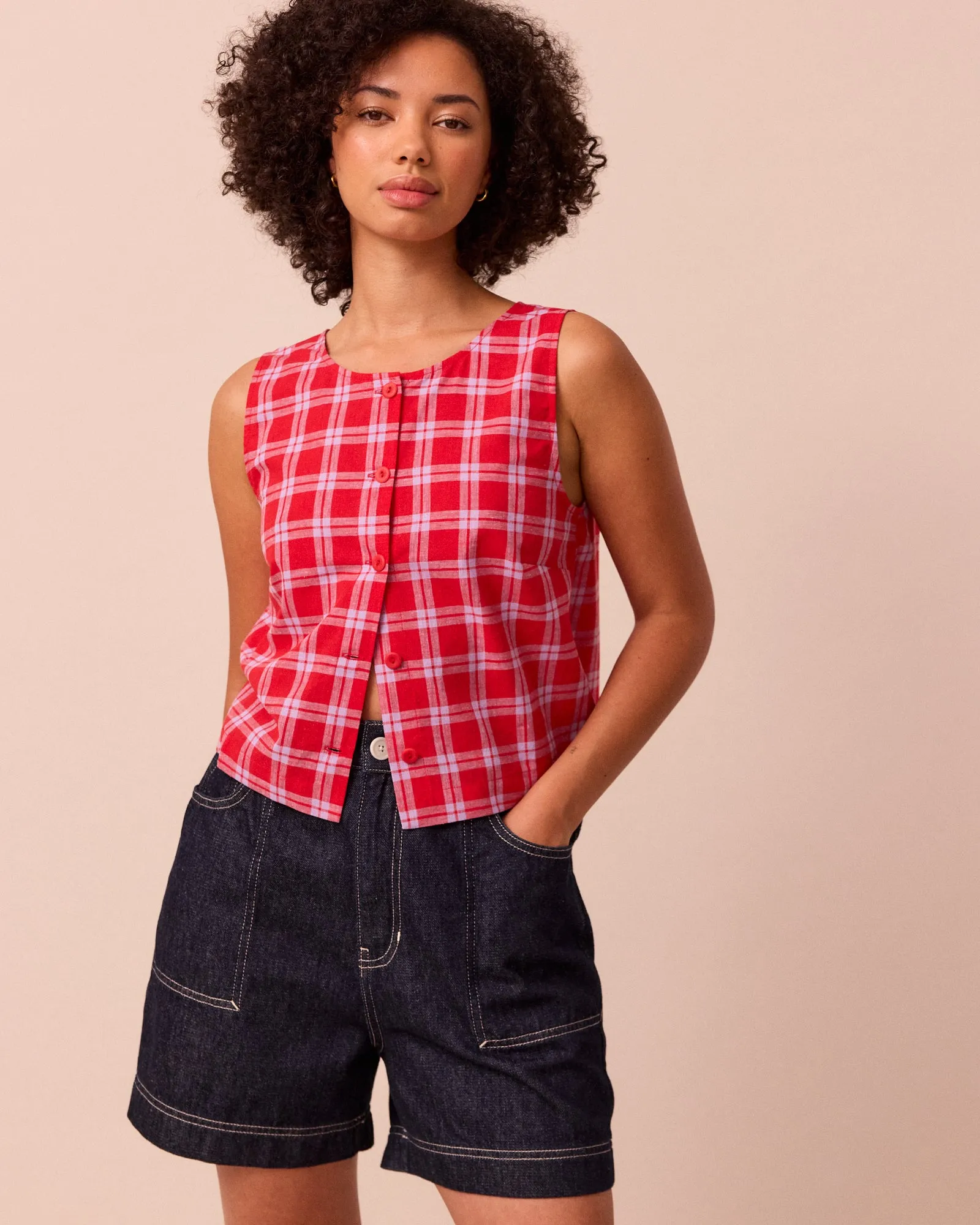 Elodie Cherry Check Cotton Linen Top sold by Beyond Nine product image thumbnail 3