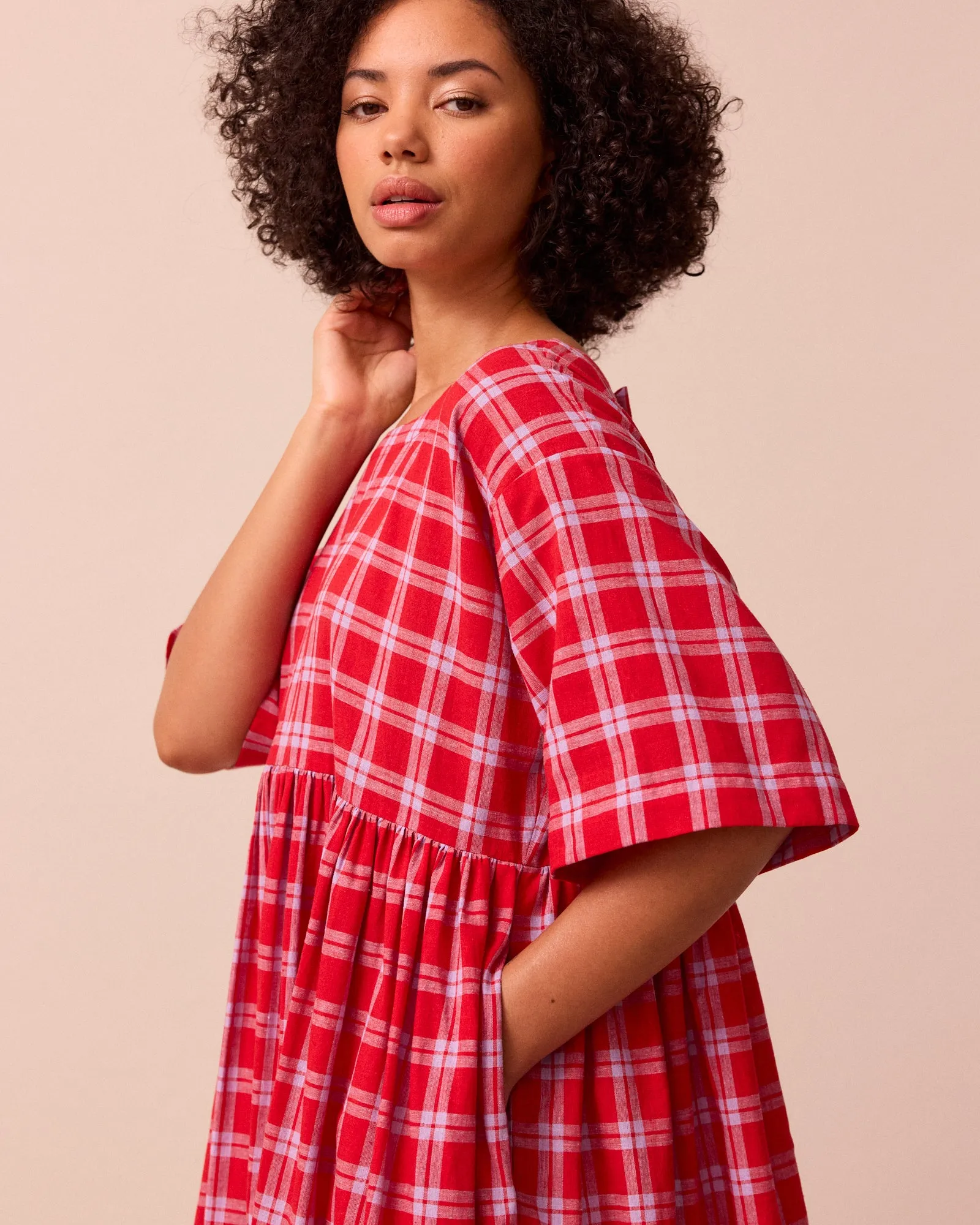 Neve Cherry Check Cotton Linen Dress sold by Beyond Nine product image thumbnail 2