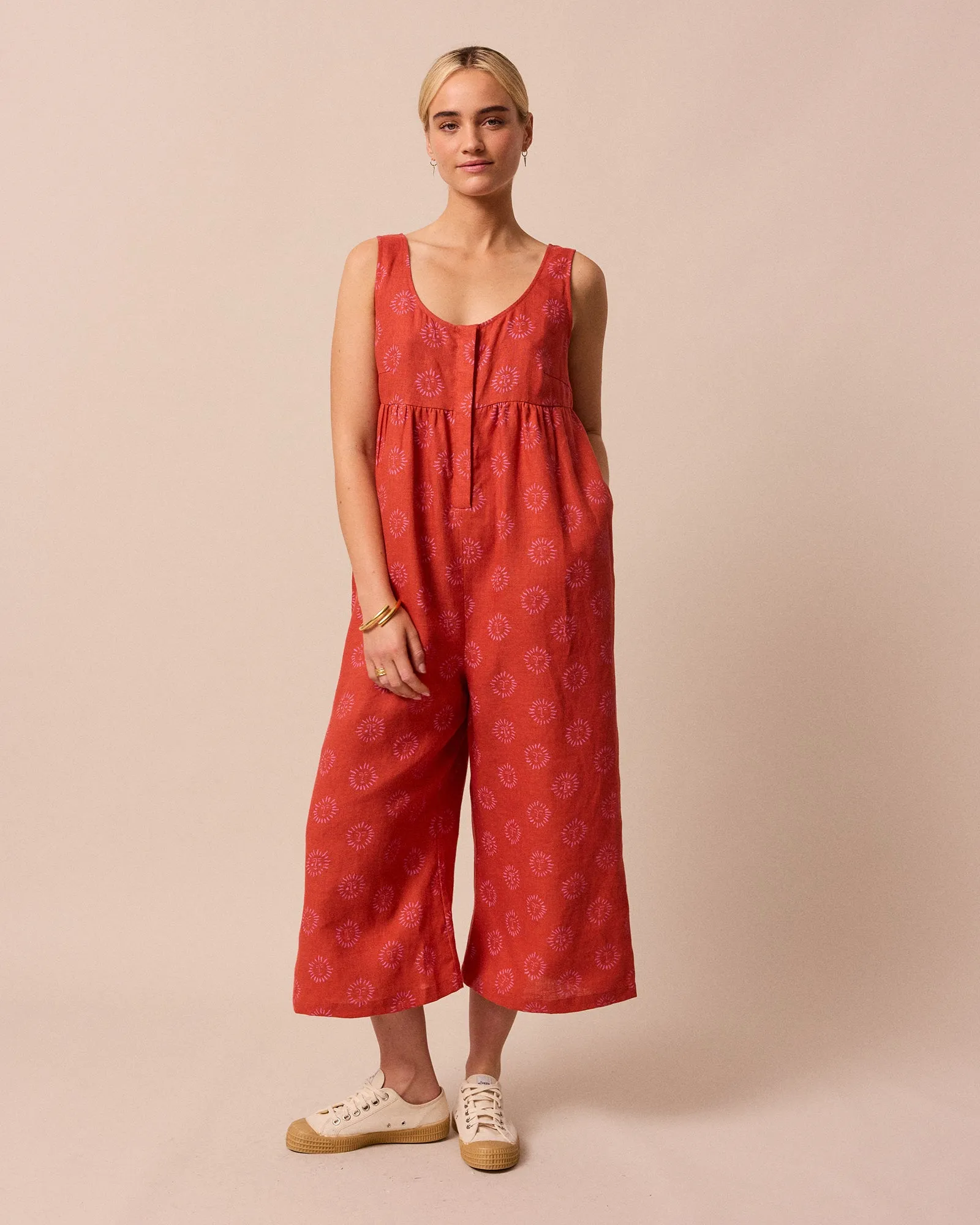 Savannah Sahara Sun Print Linen Jumpsuit sold by Beyond Nine
