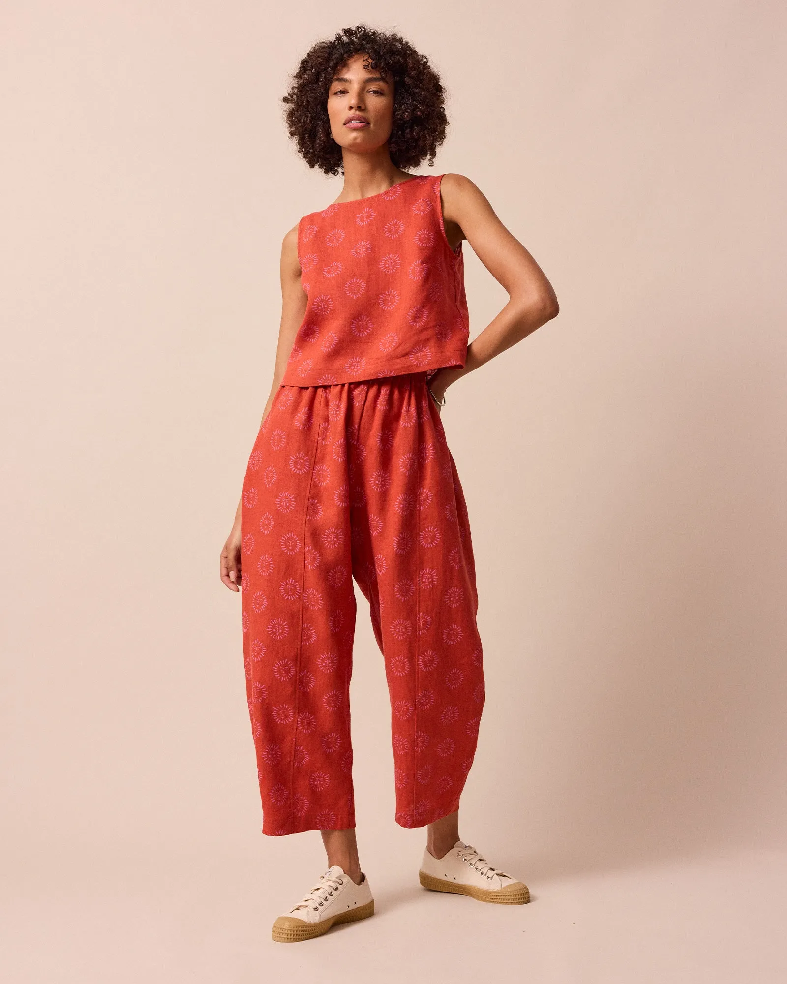 Longer Length Mabel Sahara Sun Print Linen Trousers sold by Beyond Nine