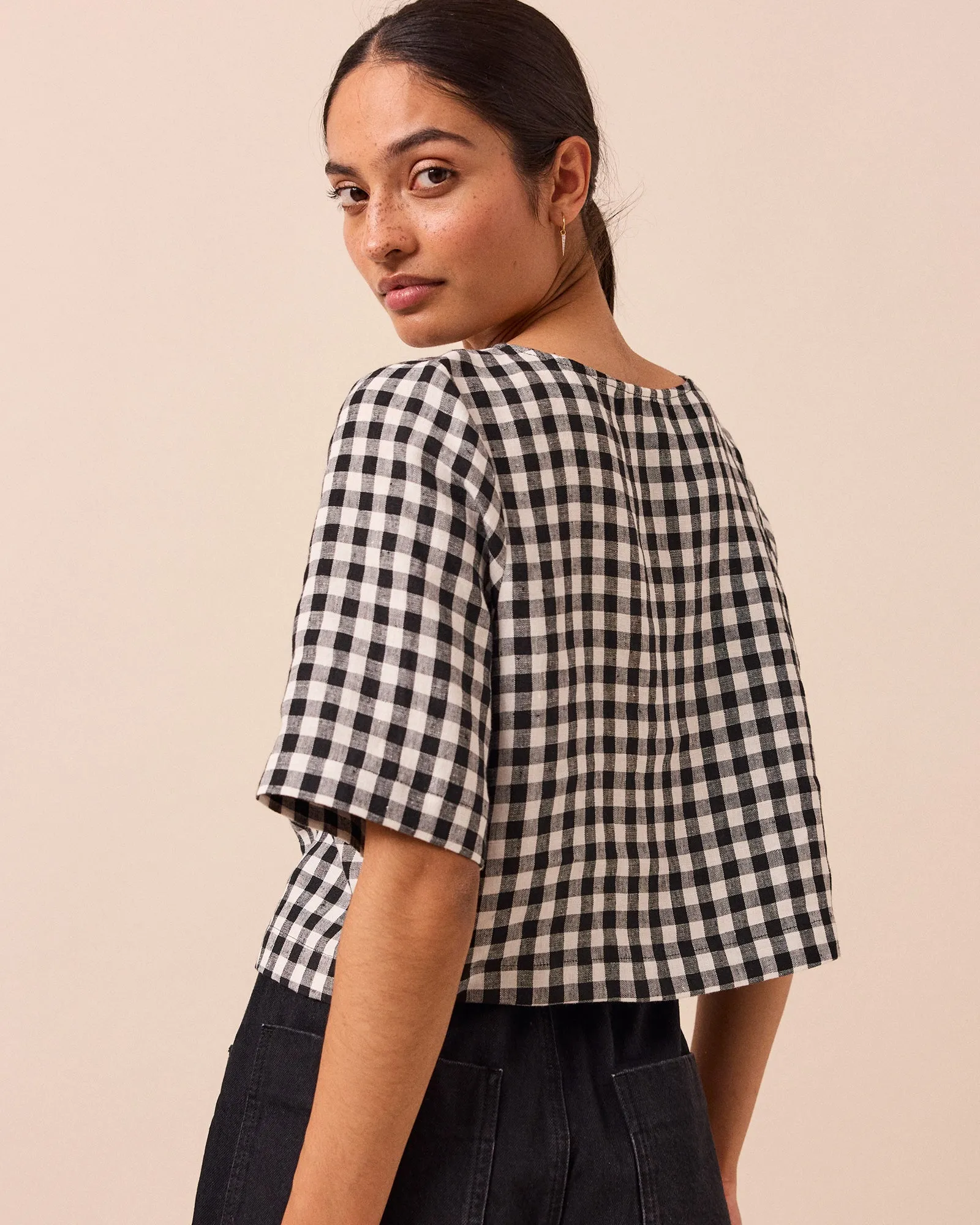 Evelyn Black & White Gingham Linen Top sold by Beyond Nine product image thumbnail 4