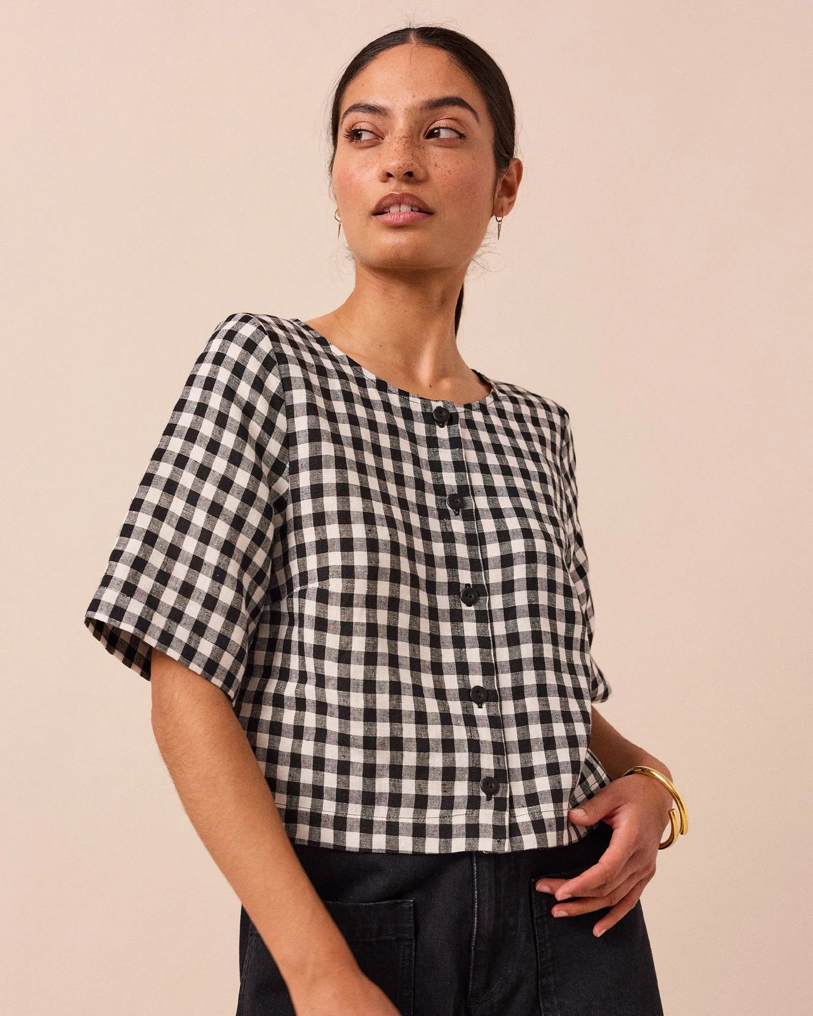 Evelyn Black & White Gingham Linen Top sold by Beyond Nine