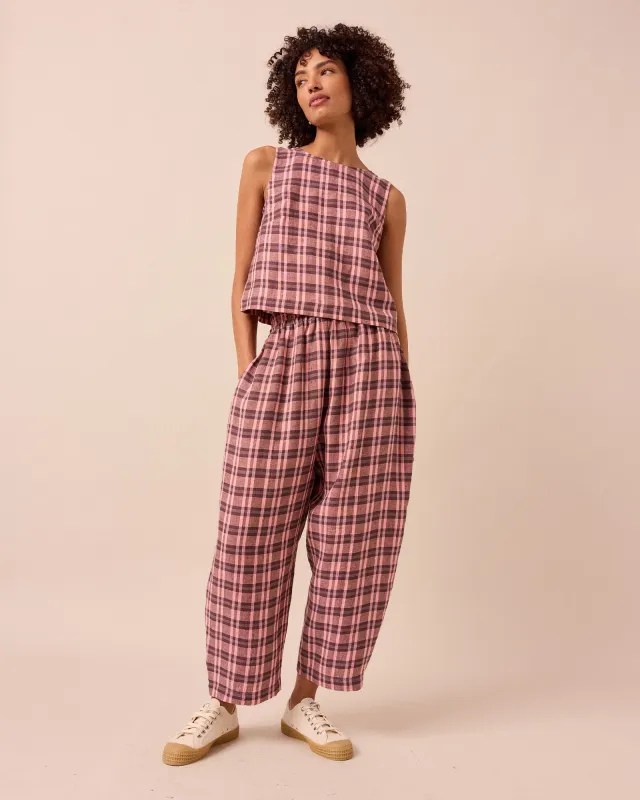 Mabel Dewberry Check Linen Trousers sold by Beyond Nine