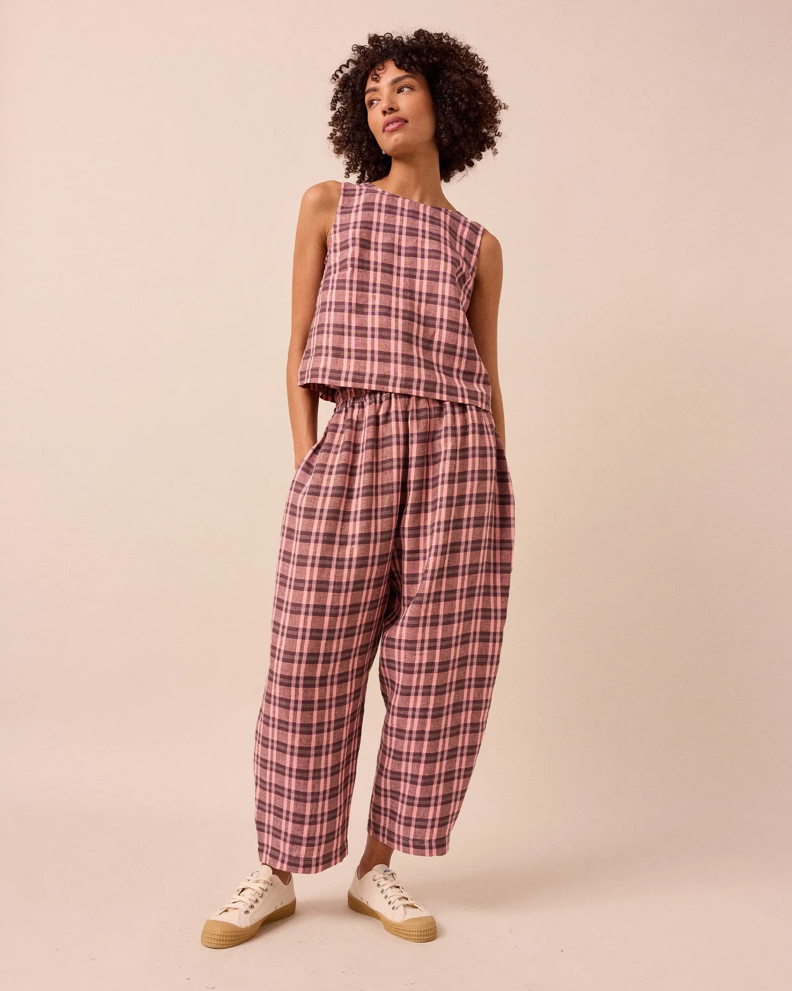 Mabel Dewberry Check Linen Trousers sold by Beyond Nine
